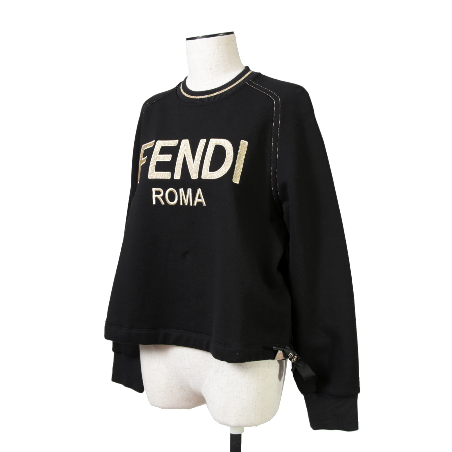 FENDI フェンディ / 美品  FENDI ROMA刺繍  ショート丈 サイドリボン スウェット プルオーバー / FS7102 AC6A / size 40 （BLACK） レディース