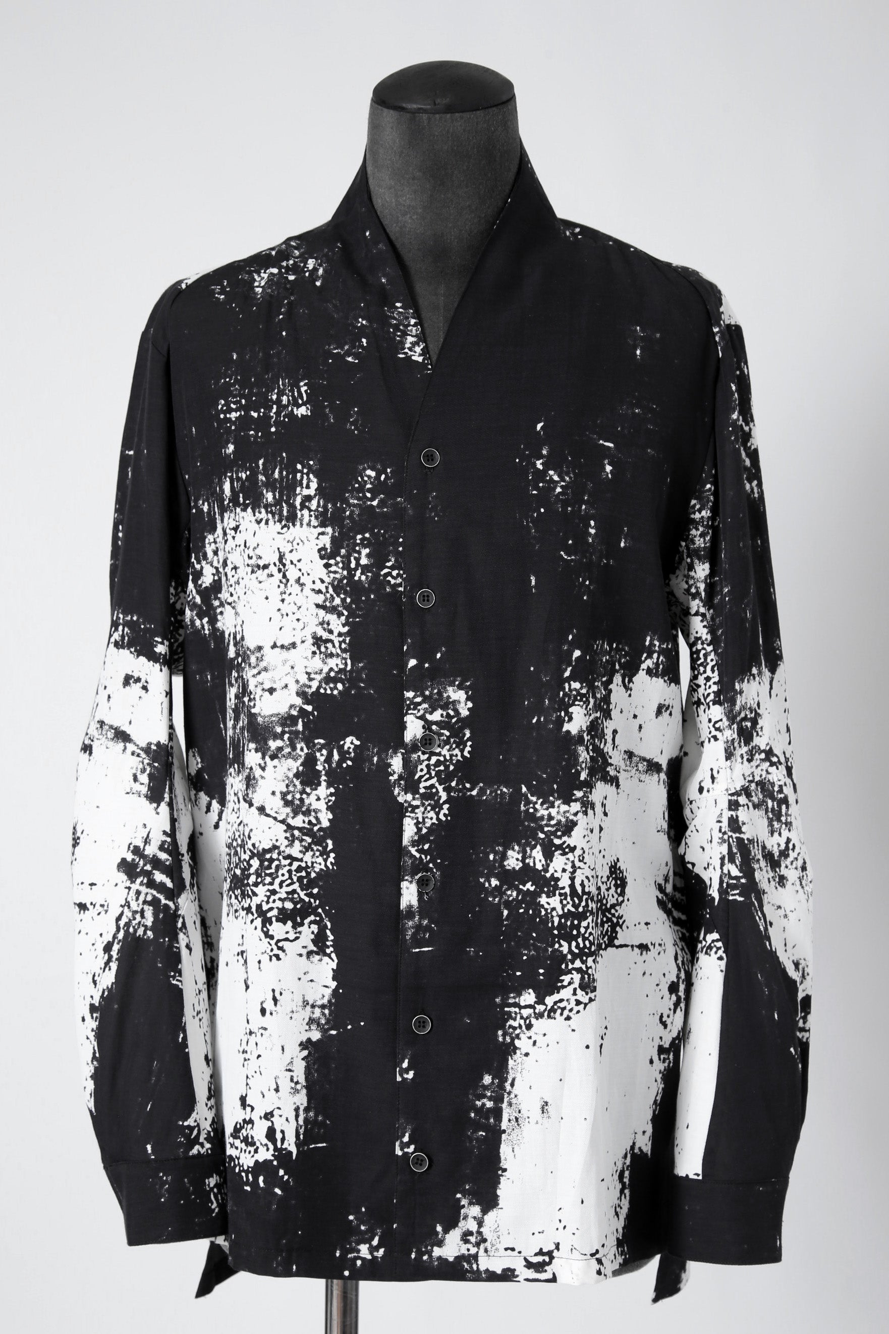 新品 D.HYGEN ディーハイゲン/ 25SS ブラッシュプリント レーヨン×コットン×リネン / ショールカラーシャツ / size 2 (BLK x WHT)