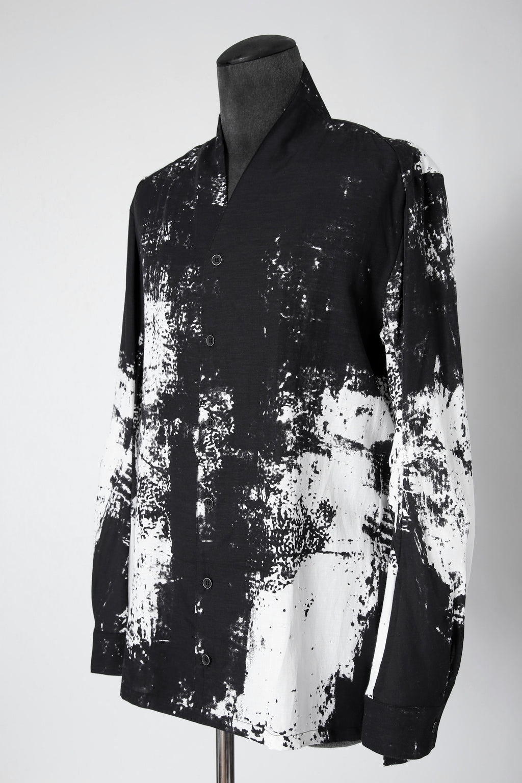 新品 D.HYGEN ディーハイゲン/ 25SS ブラッシュプリント レーヨン×コットン×リネン / ショールカラーシャツ / size 2 (BLK x WHT)