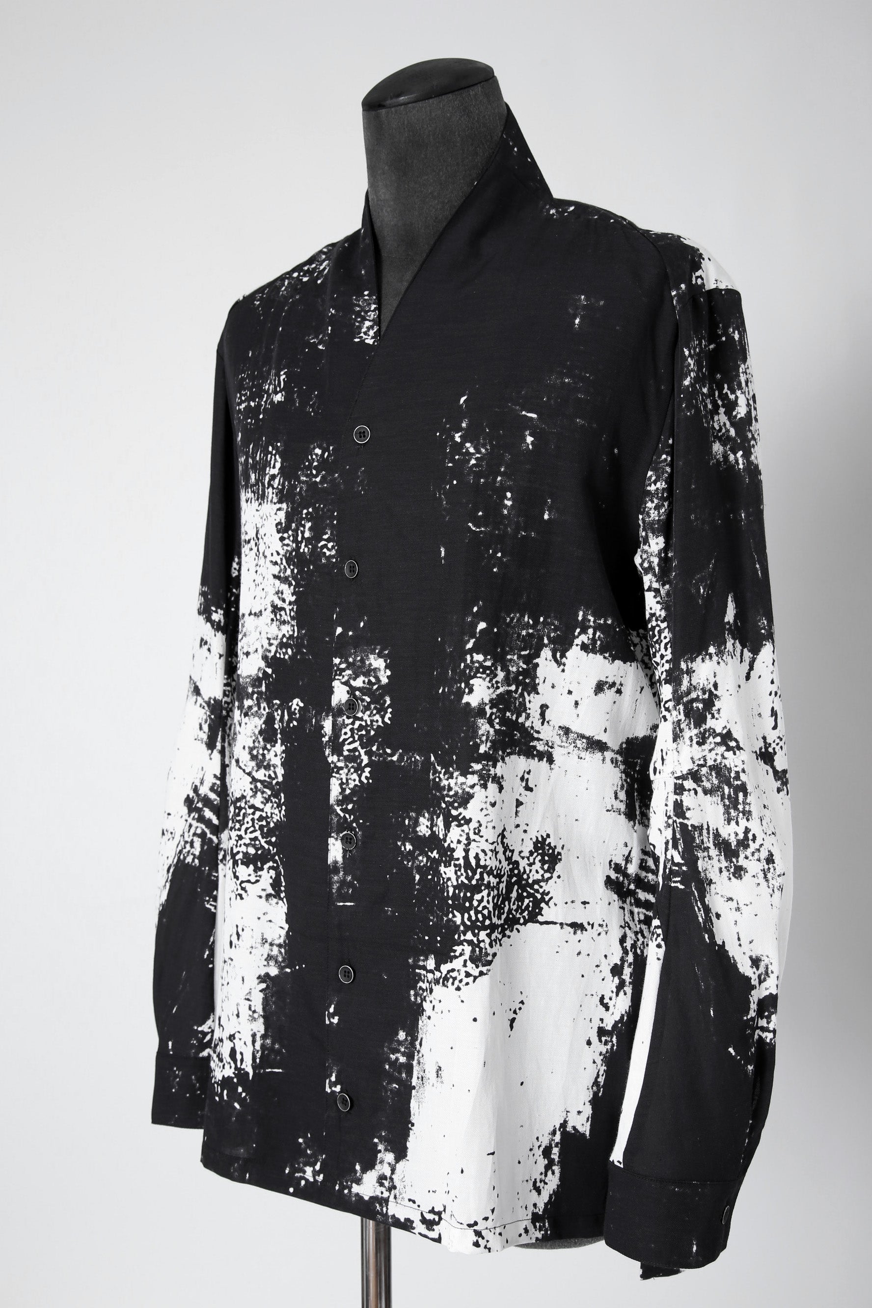 新品 D.HYGEN ディーハイゲン/ 25SS ブラッシュプリント レーヨン×コットン×リネン / ショールカラーシャツ / size 2 (BLK x WHT)