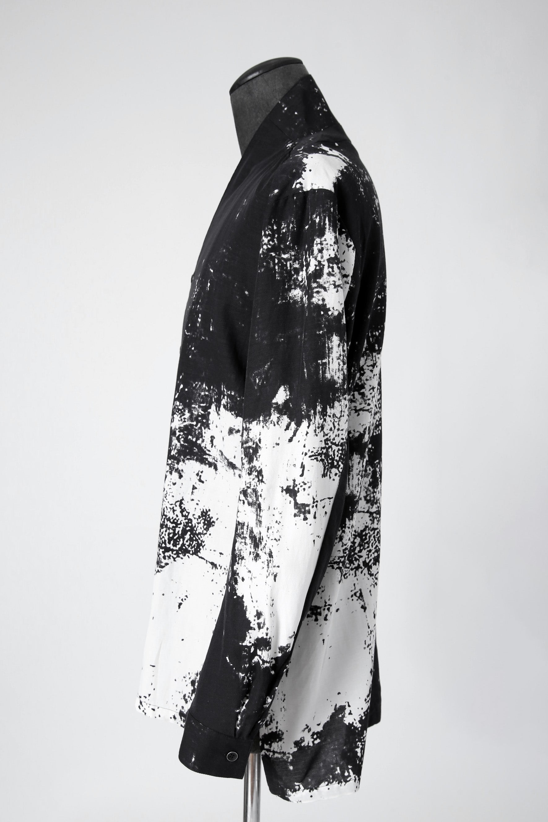 新品 D.HYGEN ディーハイゲン/ 25SS ブラッシュプリント レーヨン×コットン×リネン / ショールカラーシャツ / size 2 (BLK x WHT)