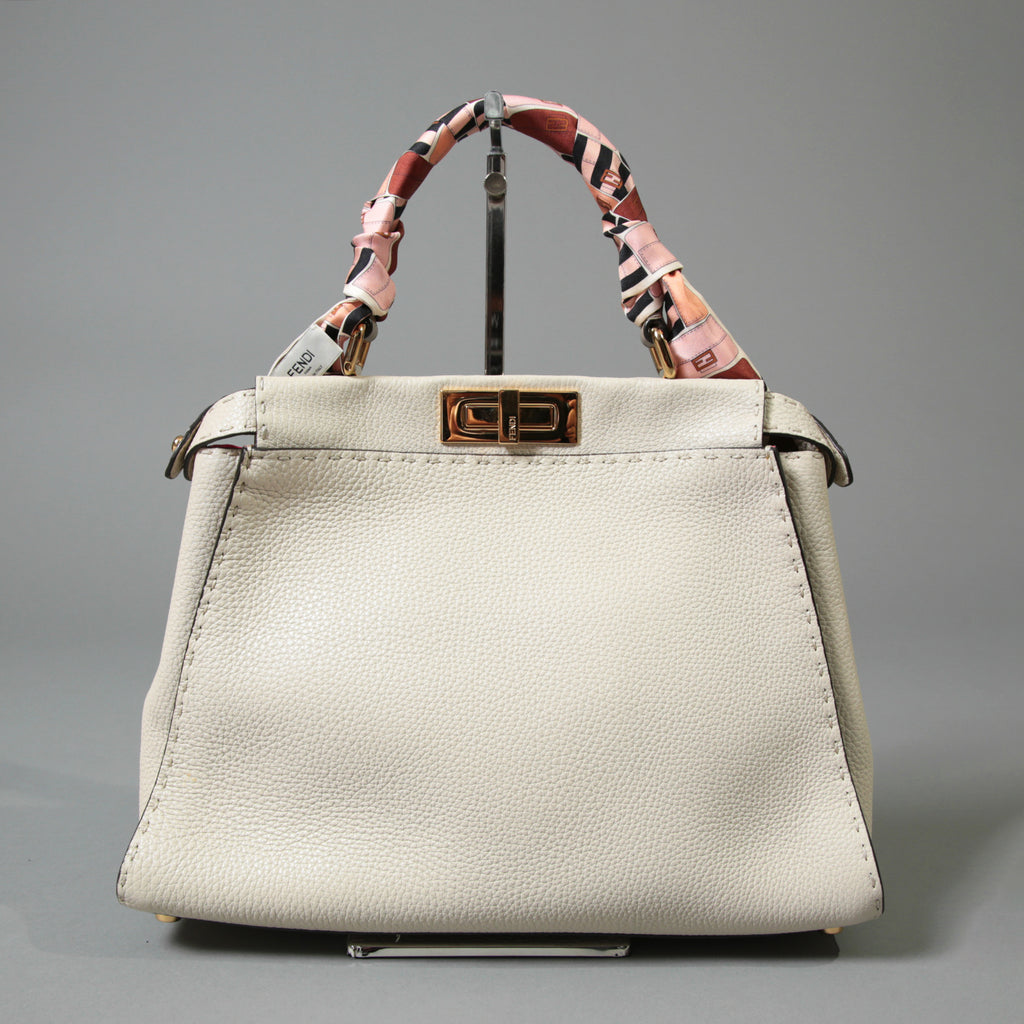 FENDI フェンディ / 美品 selleriaセレリア ピーカブー ミディアム  / カーフレザー / スカーフ付き / クリーム x グレー x ピンク x ゴールド（金具）