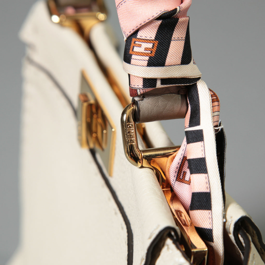 FENDI フェンディ / 美品 selleriaセレリア ピーカブー ミディアム  / カーフレザー / スカーフ付き / クリーム x グレー x ピンク x ゴールド（金具）