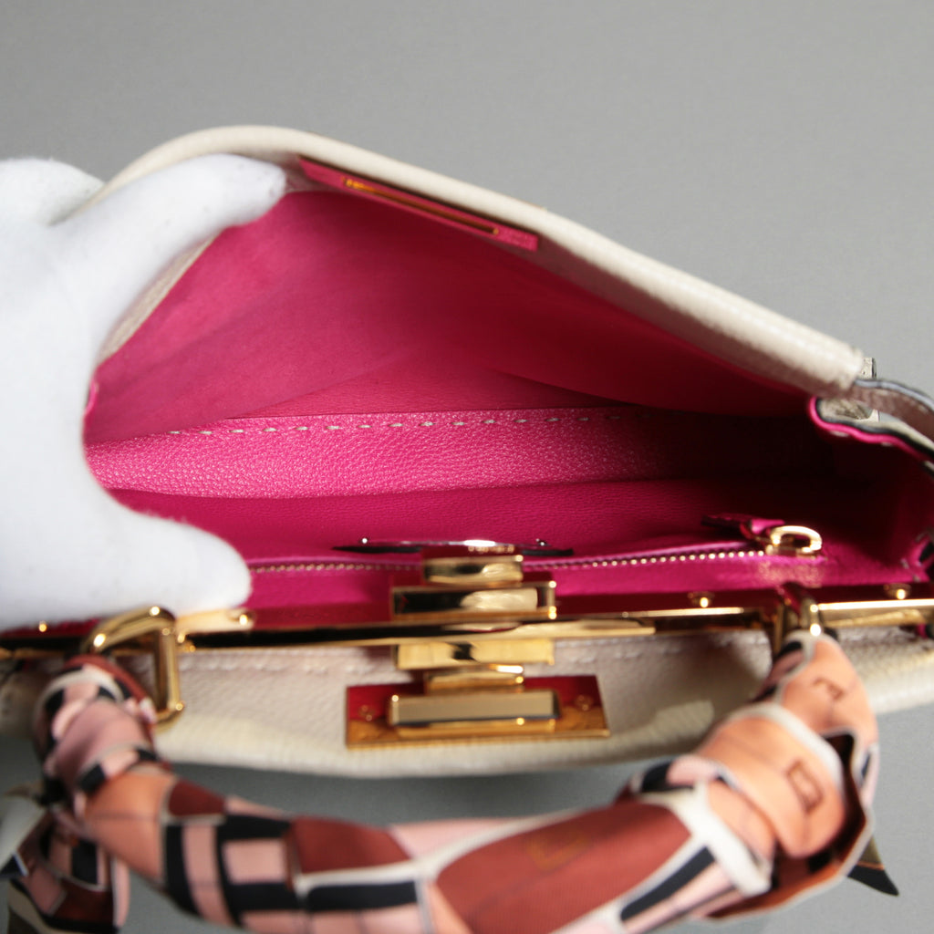 FENDI フェンディ / 美品 selleriaセレリア ピーカブー ミディアム  / カーフレザー / スカーフ付き / クリーム x グレー x ピンク x ゴールド（金具）