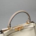 FENDI フェンディ / 美品 selleriaセレリア ピーカブー ミディアム  / カーフレザー / スカーフ付き / クリーム x グレー x ピンク x ゴールド（金具）