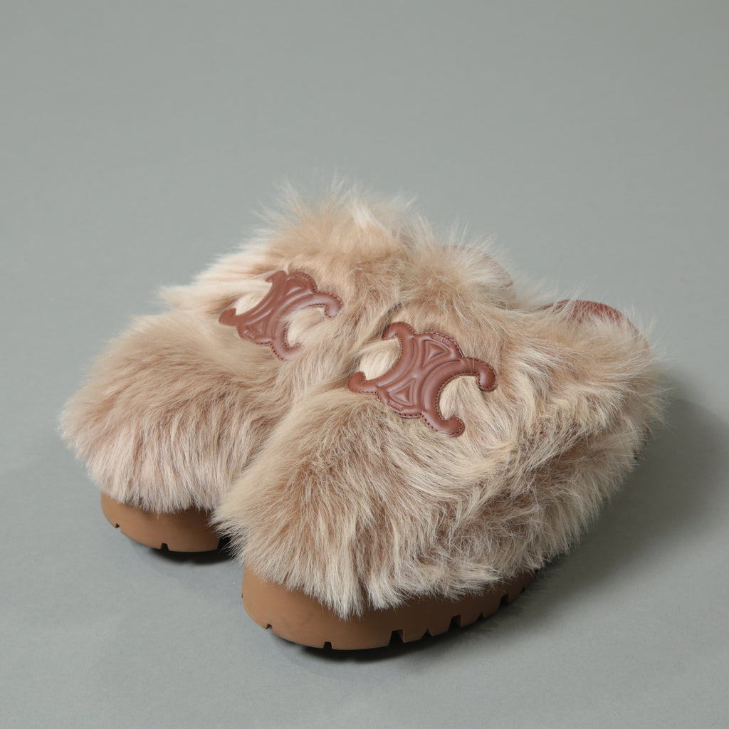 CELINE セリーヌ / 美品 エディ期 CELINE SLIDES TRIOMPHE IN SHEARLING トリオンフ ファー×レザー サボ / 厚底 ミュール / size 36 (ベージュ×ブラウン)レディース