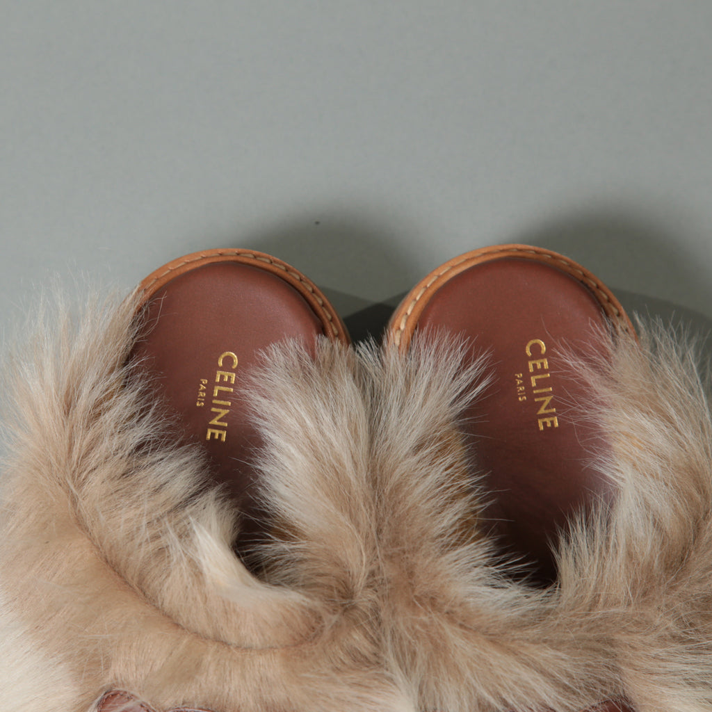 CELINE セリーヌ / 美品 エディ期 CELINE SLIDES TRIOMPHE IN SHEARLING トリオンフ ファー×レザー サボ / 厚底 ミュール / size 36 (ベージュ×ブラウン)レディース