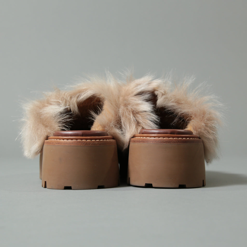 CELINE セリーヌ / 美品 エディ期 CELINE SLIDES TRIOMPHE IN SHEARLING トリオンフ ファー×レザー サボ / 厚底 ミュール / size 36 (ベージュ×ブラウン)レディース