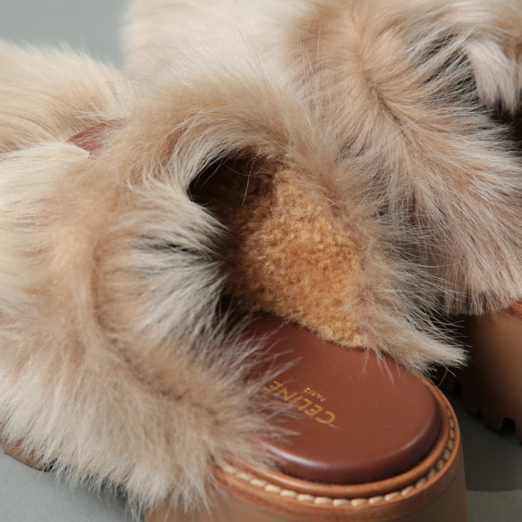 CELINE セリーヌ / 美品 エディ期 CELINE SLIDES TRIOMPHE IN SHEARLING トリオンフ ファー×レザー サボ / 厚底 ミュール / size 36 (ベージュ×ブラウン)レディース
