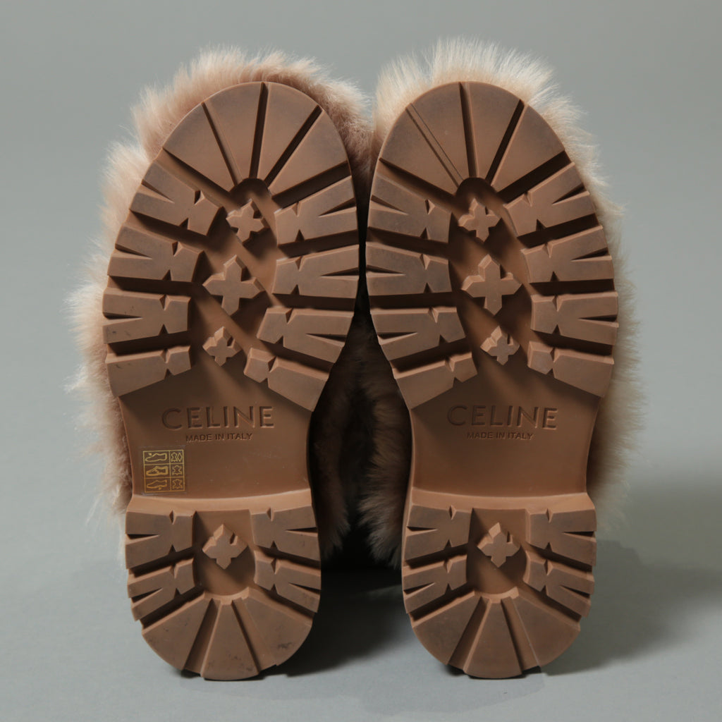 CELINE セリーヌ / 美品 エディ期 CELINE SLIDES TRIOMPHE IN SHEARLING トリオンフ ファー×レザー サボ / 厚底 ミュール / size 36 (ベージュ×ブラウン)レディース
