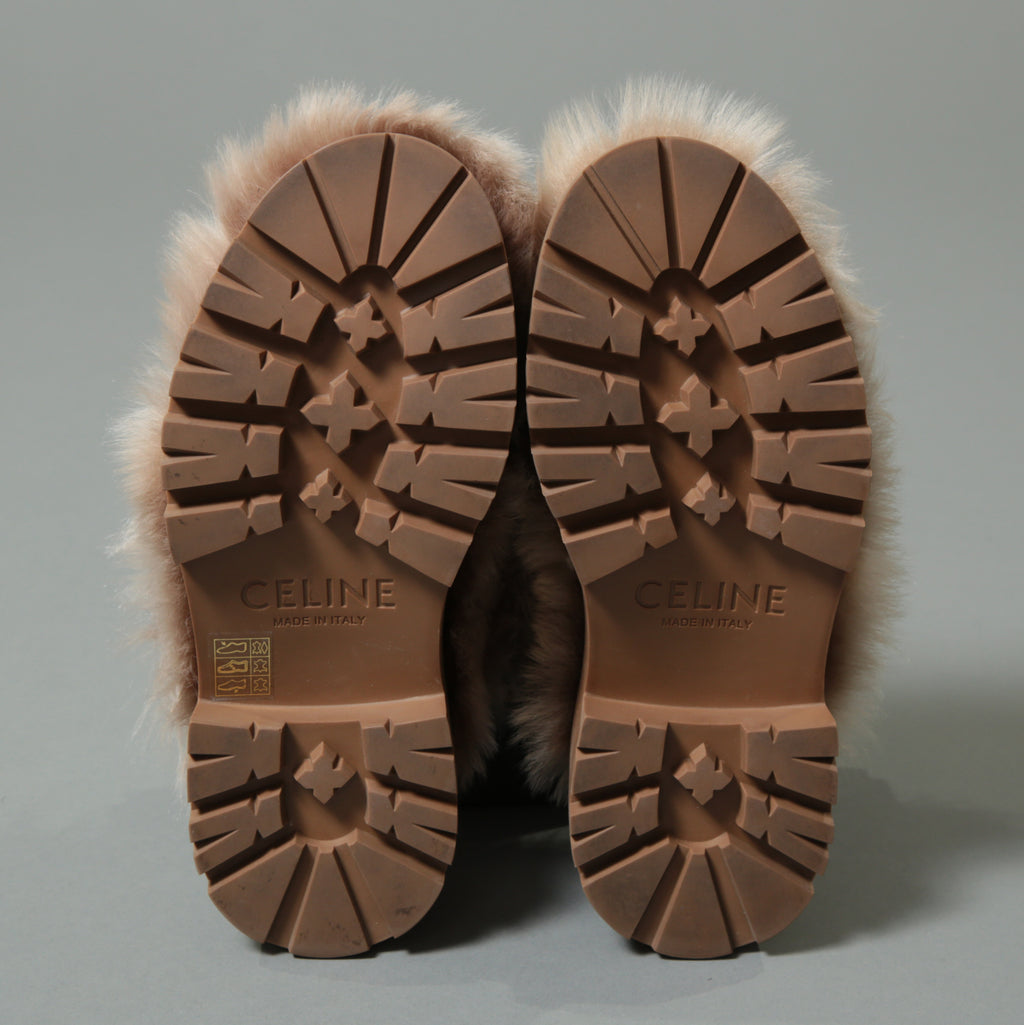 CELINE セリーヌ / 美品 エディ期 CELINE SLIDES TRIOMPHE IN SHEARLING トリオンフ ファー×レザー サボ / 厚底 ミュール / size 36 (ベージュ×ブラウン)レディース