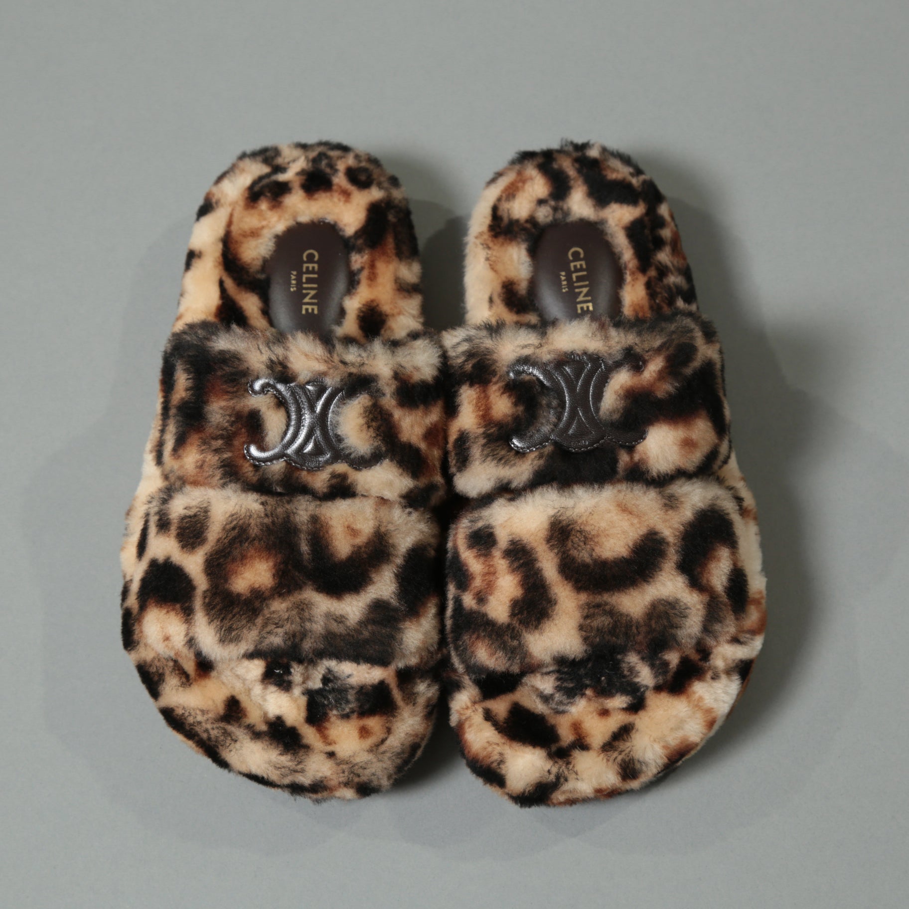 CELINE セリーヌ / 美品 SLIDES TRIOMPHE IN SHEARLING  スライド トリオンフ サンダル / ムートン / size 36 (23cm) レオパード シューズ