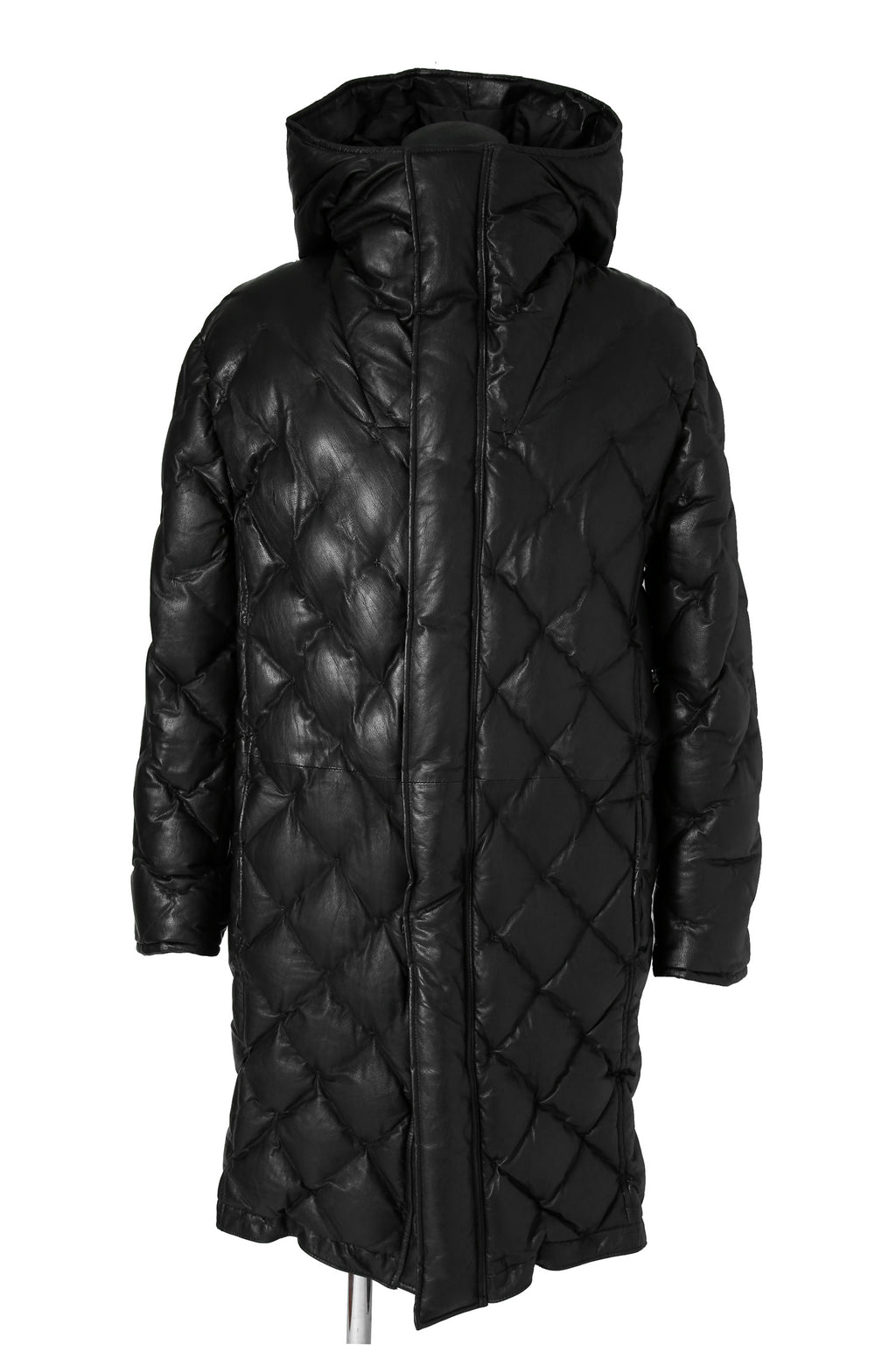 希少 新品 イサムカタヤマ バックラッシュ / HOODED DOWN COAT / KANGAROO + POLISH WHITE GOOSE / size XL (BLACK) レザー ダウン コート