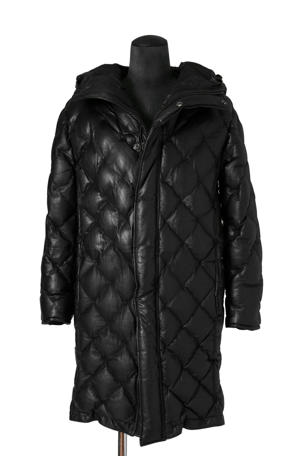 希少 新品 イサムカタヤマ バックラッシュ / HOODED DOWN COAT / KANGAROO + POLISH WHITE GOOSE / size XL (BLACK) レザー ダウン コート