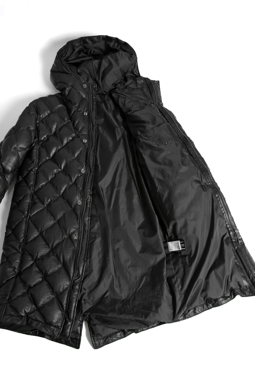 希少 新品 イサムカタヤマ バックラッシュ / HOODED DOWN COAT / KANGAROO + POLISH WHITE GOOSE / size XL (BLACK) レザー ダウン コート