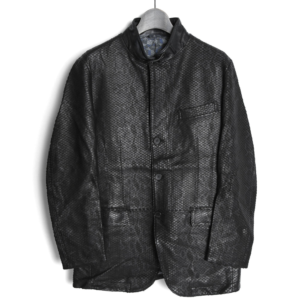 美品 ランバン LANVIN COLLECTION / 希少 パイソン型押し ラムレザー ジャケット カーコート スタンドカラー / size 48 黒