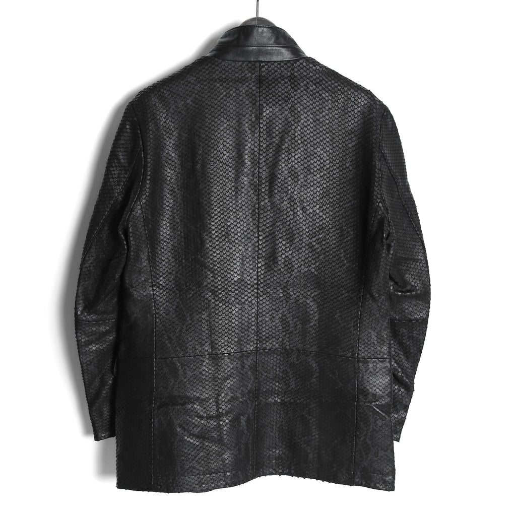 美品 ランバン LANVIN COLLECTION / 希少 パイソン型押し ラムレザー ジャケット カーコート スタンドカラー / size 48 黒