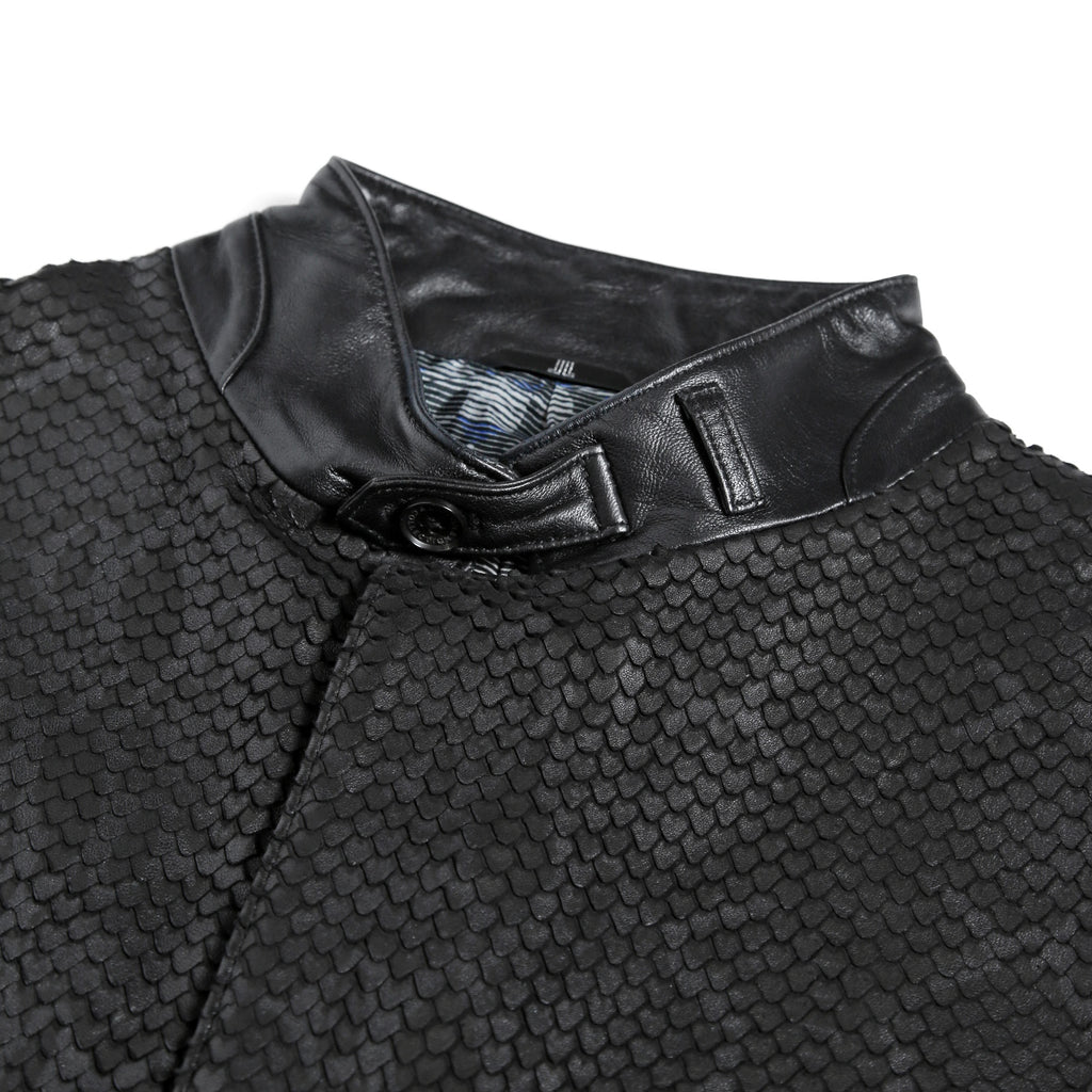 美品 ランバン LANVIN COLLECTION / 希少 パイソン型押し ラムレザー ジャケット カーコート スタンドカラー / size 48 黒
