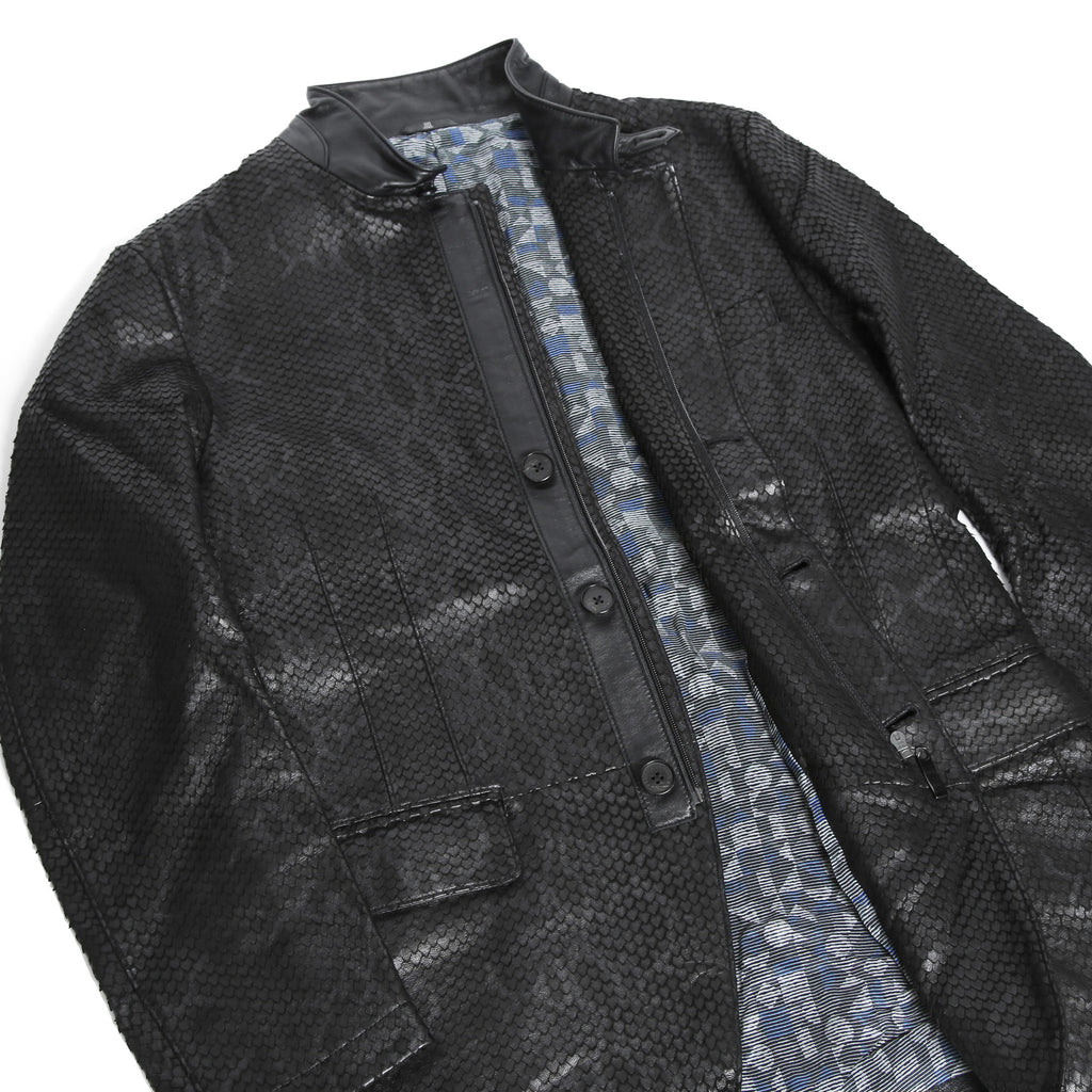 美品 ランバン LANVIN COLLECTION / 希少 パイソン型押し ラムレザー ジャケット カーコート スタンドカラー / size 48 黒