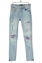 美品 AMIRI アミリ / MX1 バンダナ 蛇腹 リペア加工 ストレッチ デニム スキニー パンツ / size 28 (XS) LIGHT INDIGO