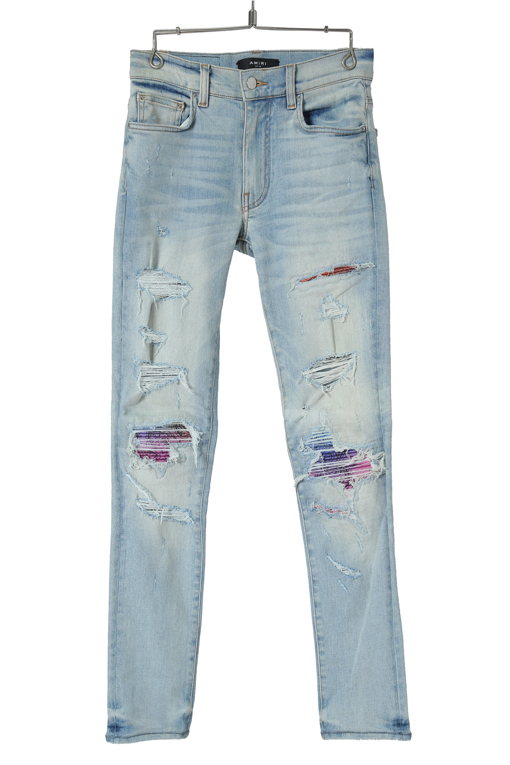 美品 AMIRI アミリ / MX1 バンダナ 蛇腹 リペア加工 ストレッチ デニム スキニー パンツ / size 28 (XS) LIGHT INDIGO