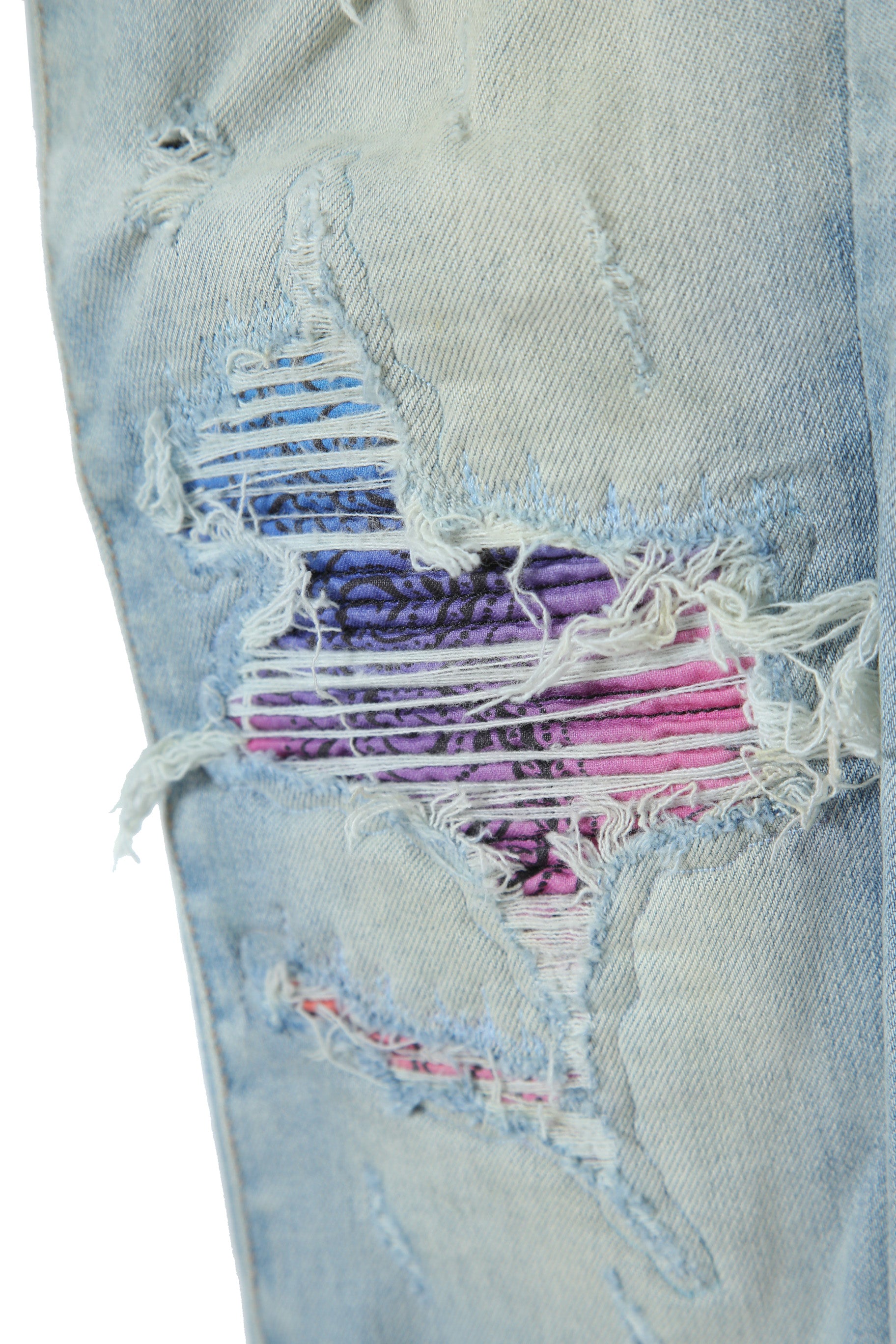 美品 AMIRI アミリ / MX1 バンダナ 蛇腹 リペア加工 ストレッチ デニム スキニー パンツ / size 28 (XS) LIGHT INDIGO