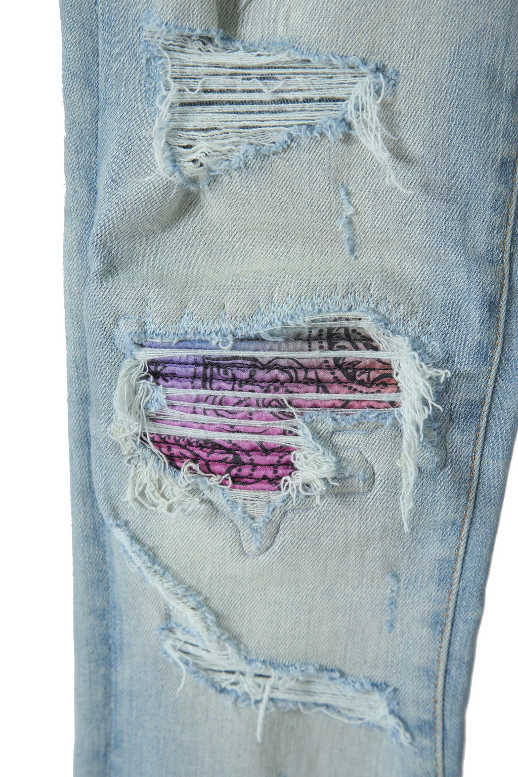 美品 AMIRI アミリ / MX1 バンダナ 蛇腹 リペア加工 ストレッチ デニム スキニー パンツ / size 28 (XS) LIGHT INDIGO