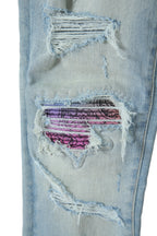 美品 AMIRI アミリ / MX1 バンダナ 蛇腹 リペア加工 ストレッチ デニム スキニー パンツ / size 28 (XS) LIGHT INDIGO