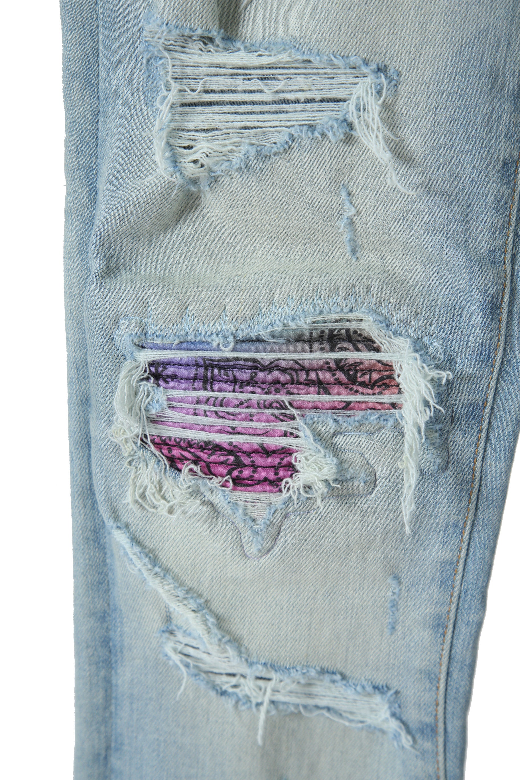 美品 AMIRI アミリ / MX1 バンダナ 蛇腹 リペア加工 ストレッチ デニム スキニー パンツ / size 28 (XS) LIGHT INDIGO