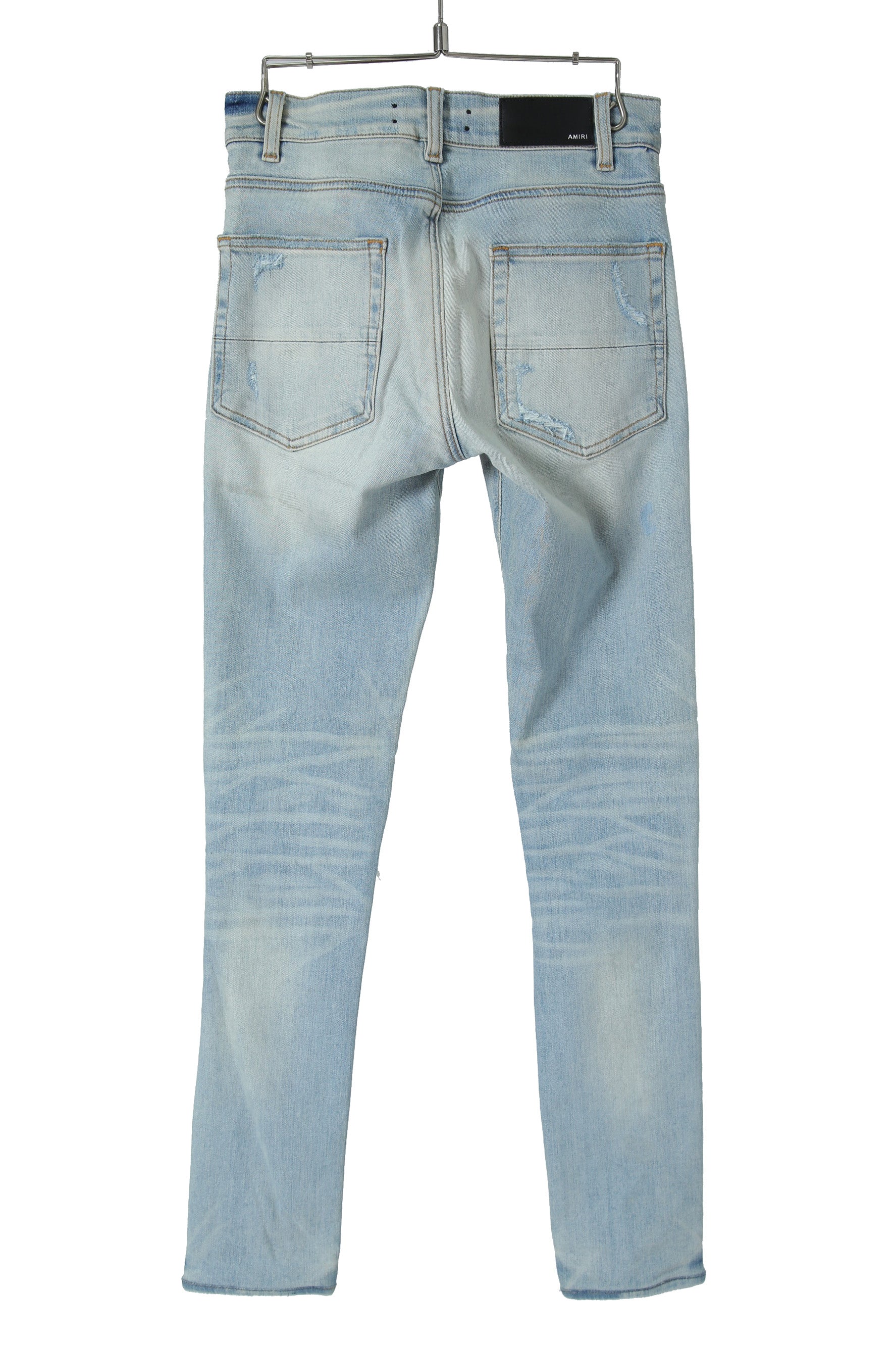 美品 AMIRI アミリ / MX1 バンダナ 蛇腹 リペア加工 ストレッチ デニム スキニー パンツ / size 28 (XS) LIGHT INDIGO