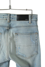美品 AMIRI アミリ / MX1 バンダナ 蛇腹 リペア加工 ストレッチ デニム スキニー パンツ / size 28 (XS) LIGHT INDIGO