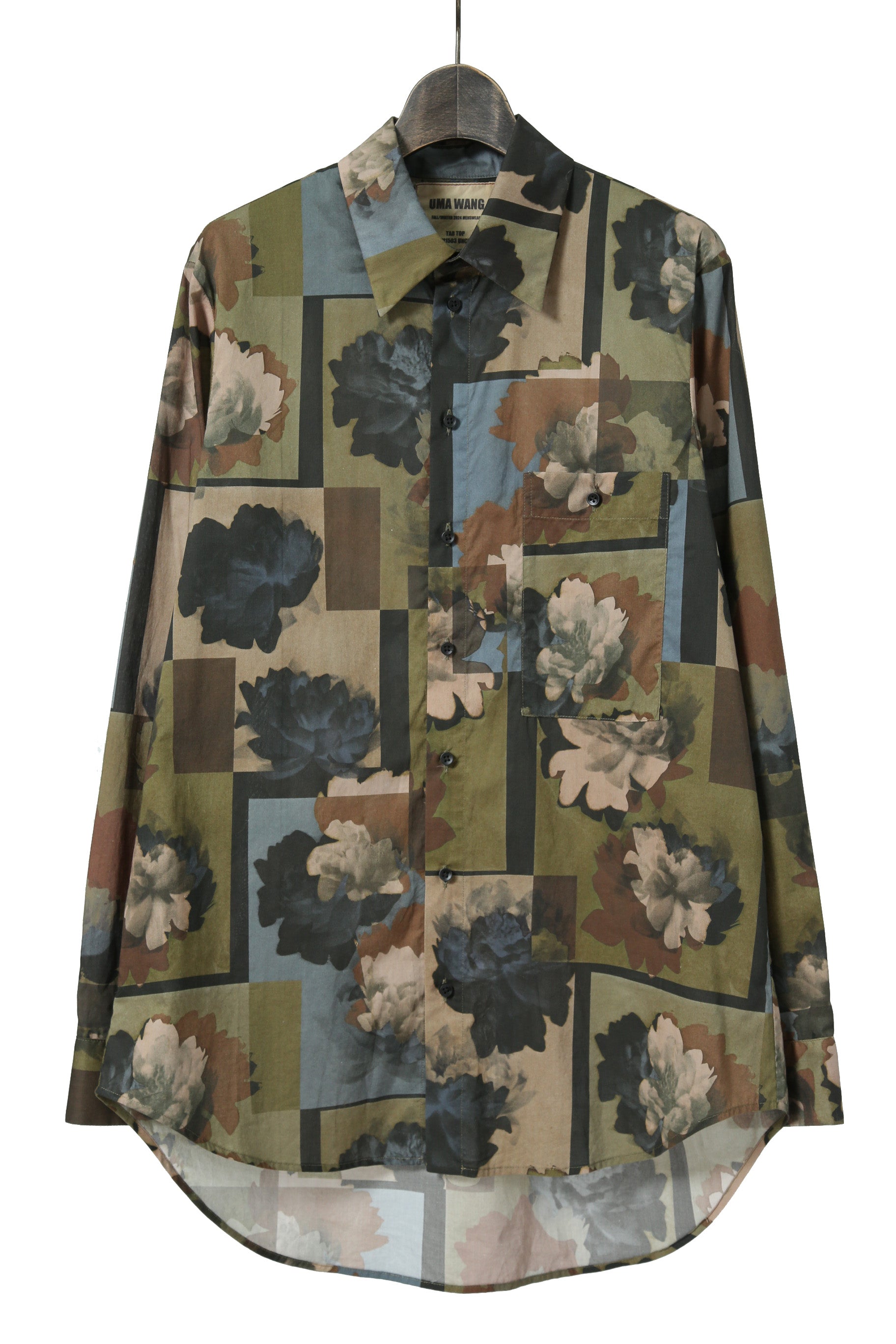 極美品 UMA WANG ユマワン / 2024AW Tab Shirt / UM1503 / 総柄 レギュラーカラー シャツ / size S (ARMY GREEN)