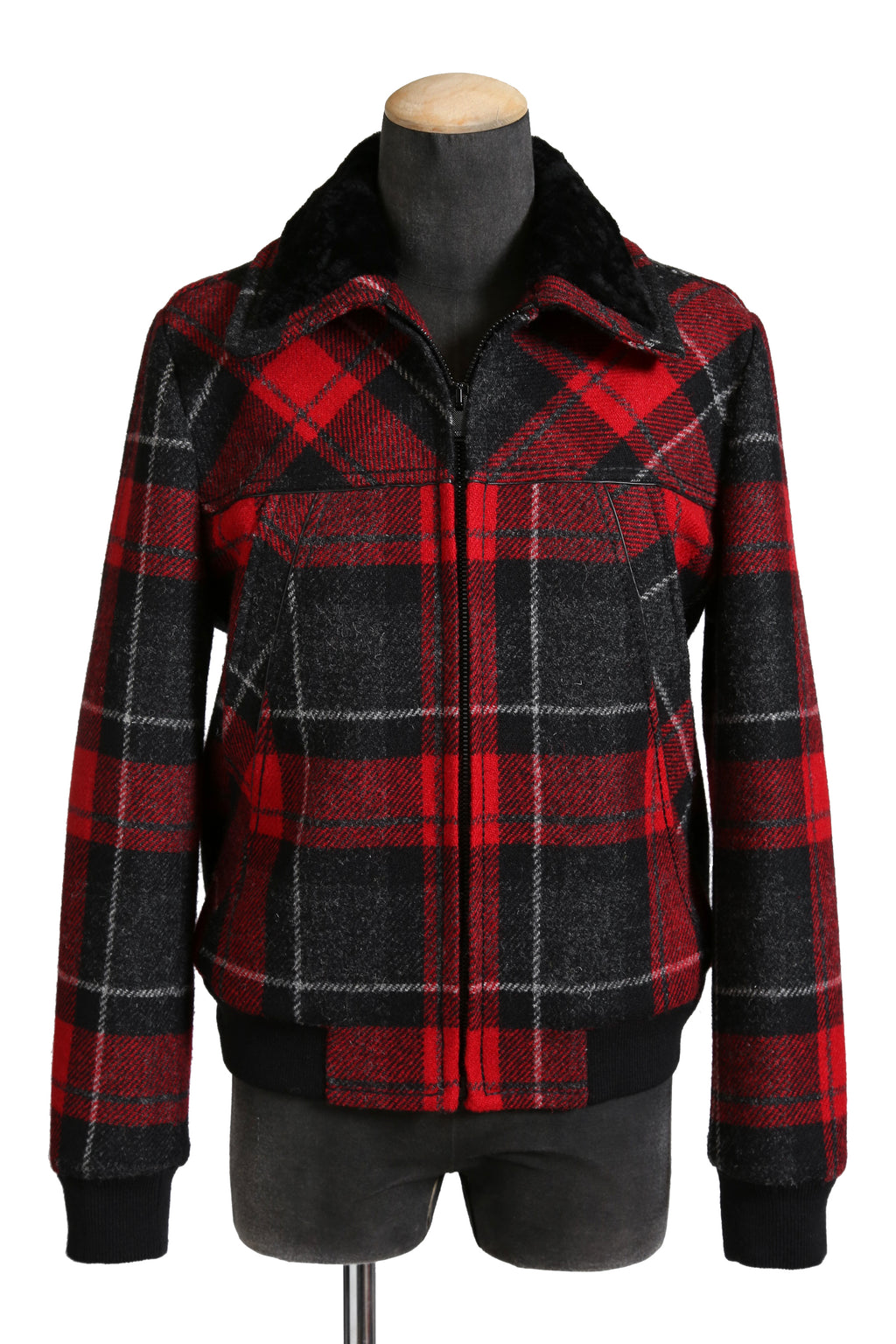 美品 サンローラン Saint Laurent / 20AW 襟ムートン / ウール タータンチェック / ショート キルティング ジャケット / size 50 (RED)