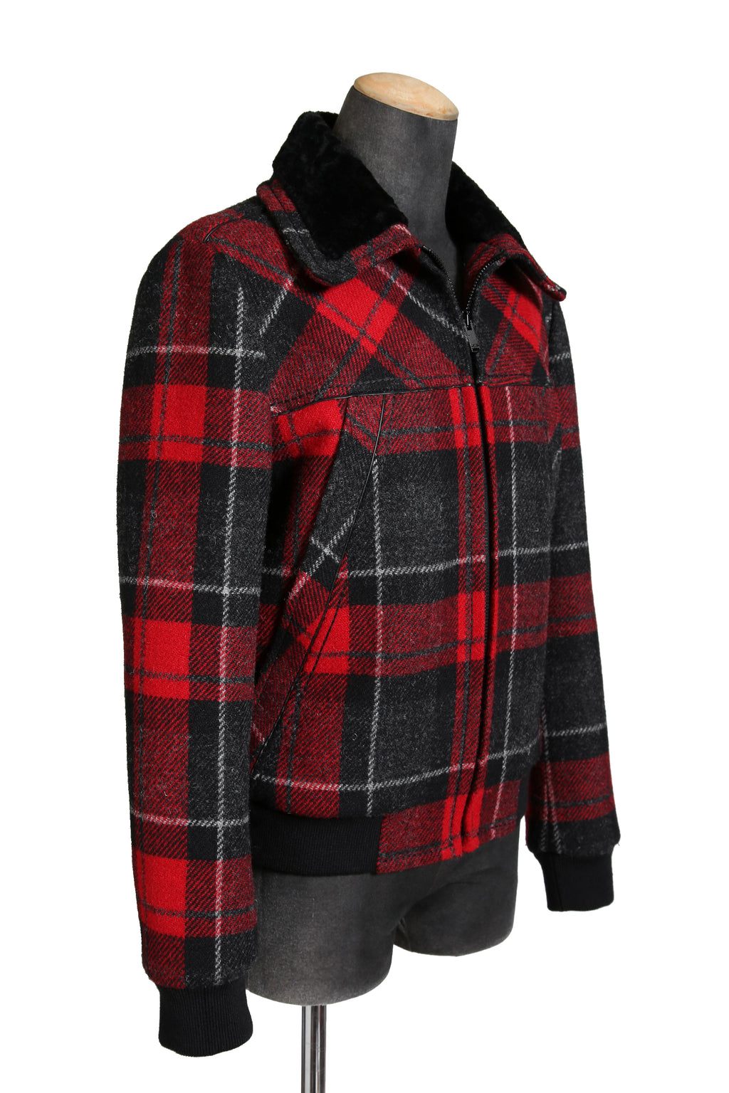 美品 サンローラン Saint Laurent / 20AW 襟ムートン / ウール タータンチェック / ショート キルティング ジャケット / size 50 (RED)