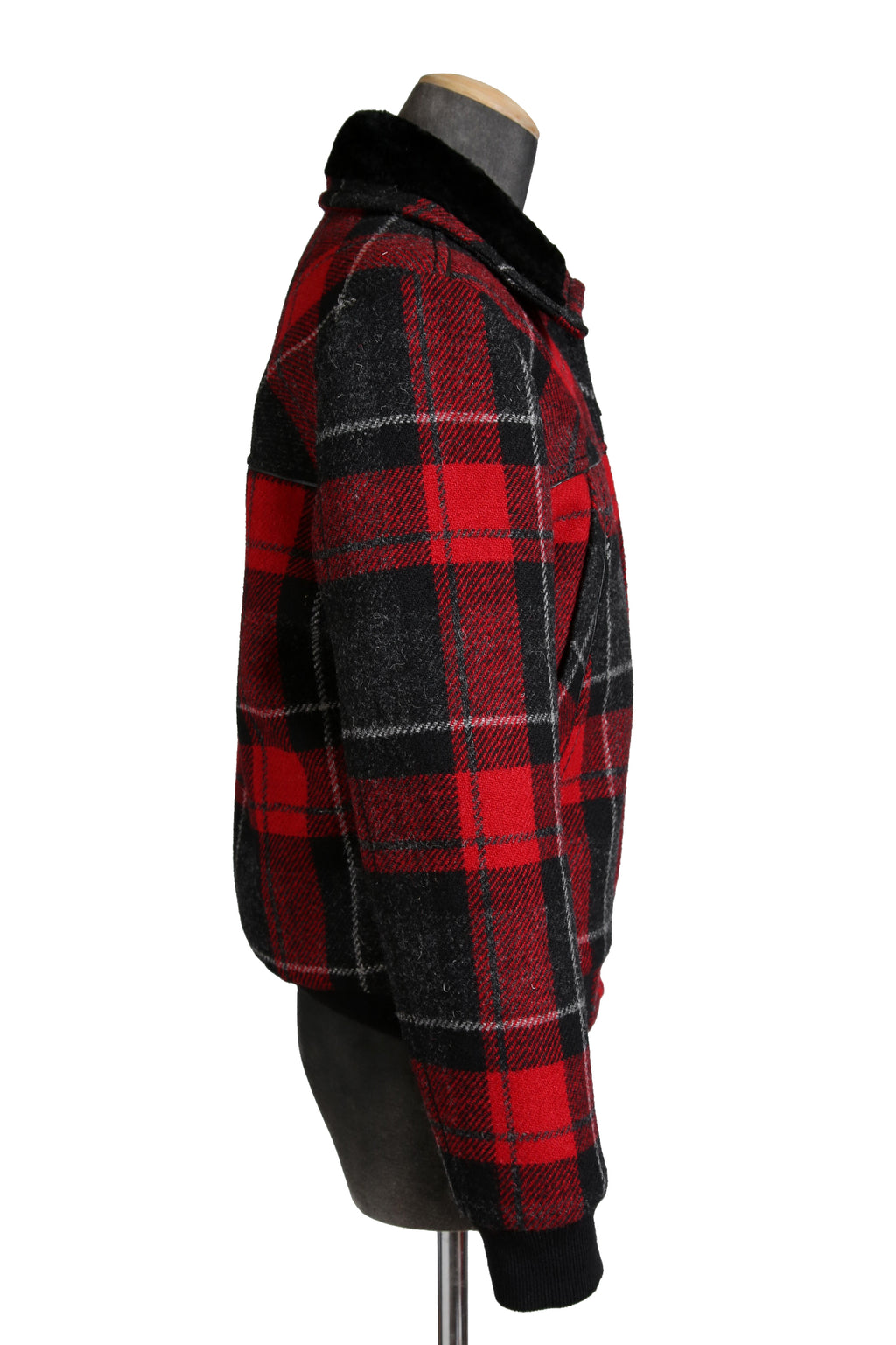 美品 サンローラン Saint Laurent / 20AW 襟ムートン / ウール タータンチェック / ショート キルティング ジャケット / size 50 (RED)