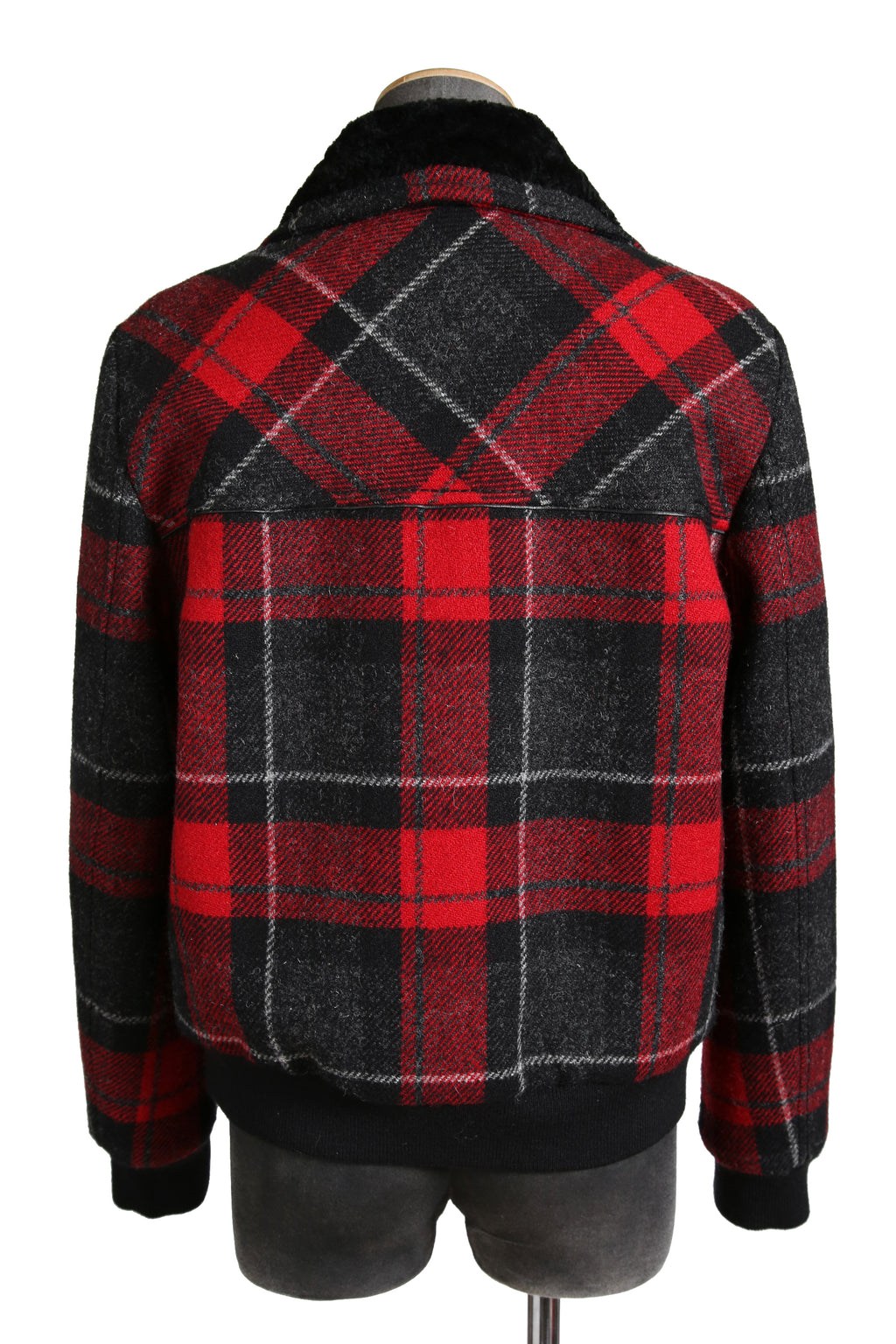 美品 サンローラン Saint Laurent / 20AW 襟ムートン / ウール タータンチェック / ショート キルティング ジャケット / size 50 (RED)