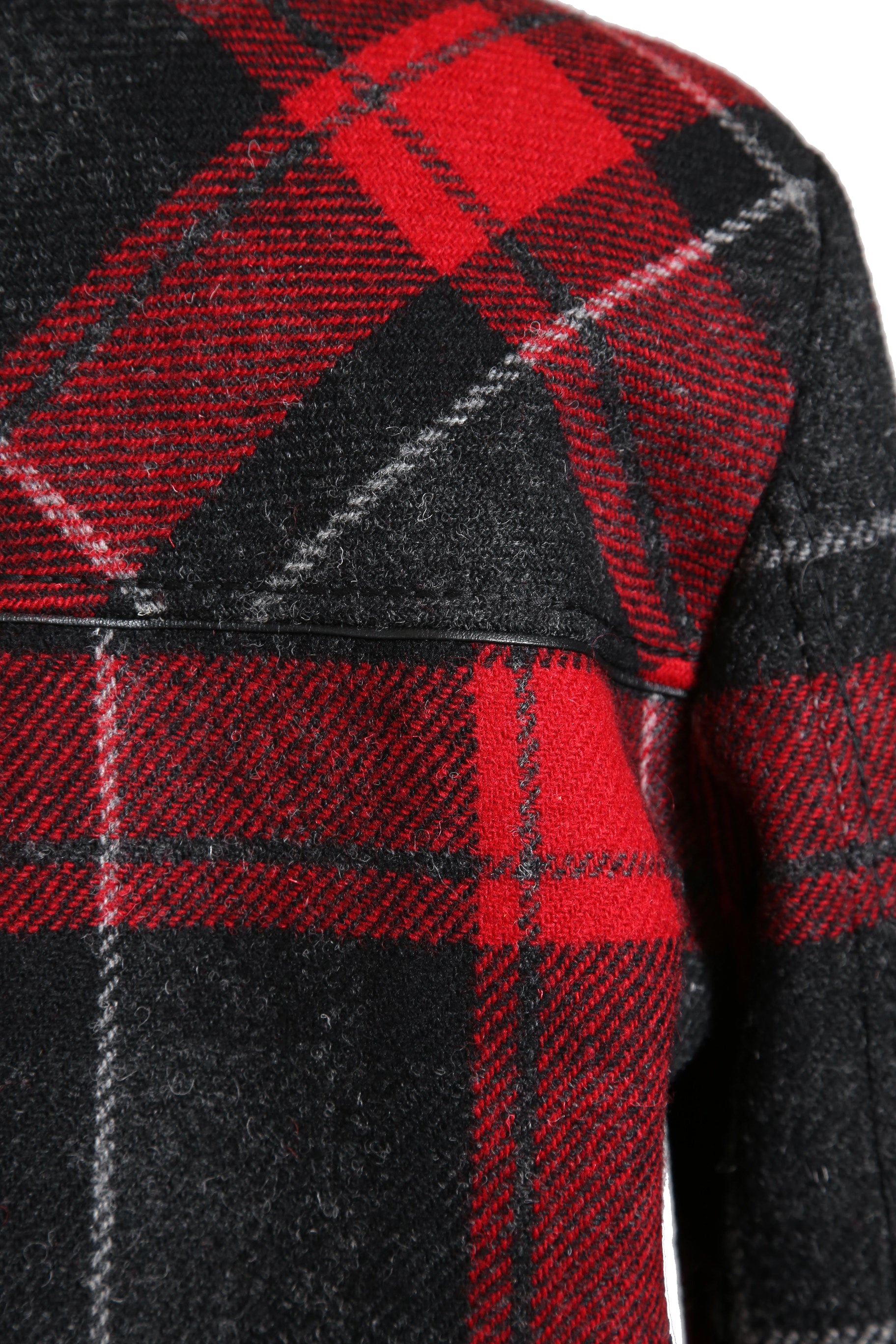 美品 サンローラン Saint Laurent / 20AW 襟ムートン / ウール タータンチェック / ショート キルティング ジャケット / size 50 (RED)