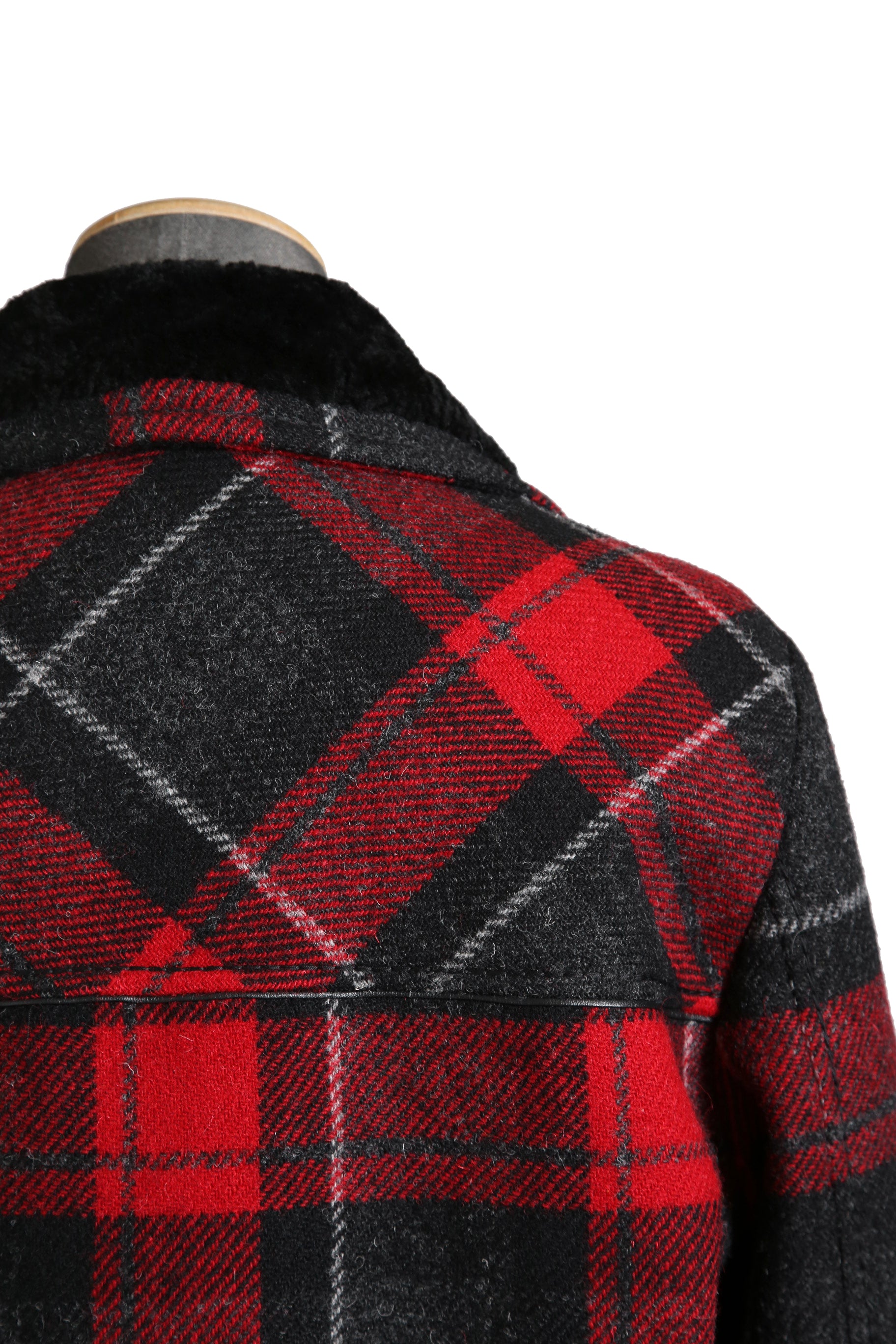 美品 サンローラン Saint Laurent / 20AW 襟ムートン / ウール タータンチェック / ショート キルティング ジャケット / size 50 (RED)