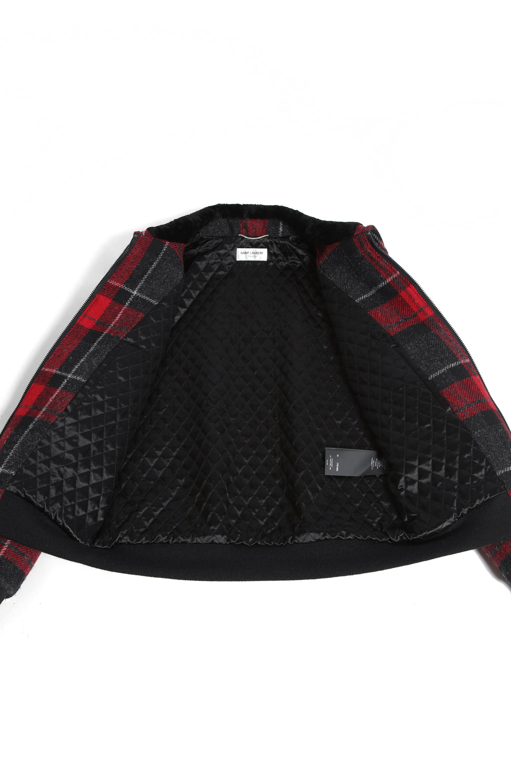 美品 サンローラン Saint Laurent / 20AW 襟ムートン / ウール タータンチェック / ショート キルティング ジャケット / size 50 (RED)