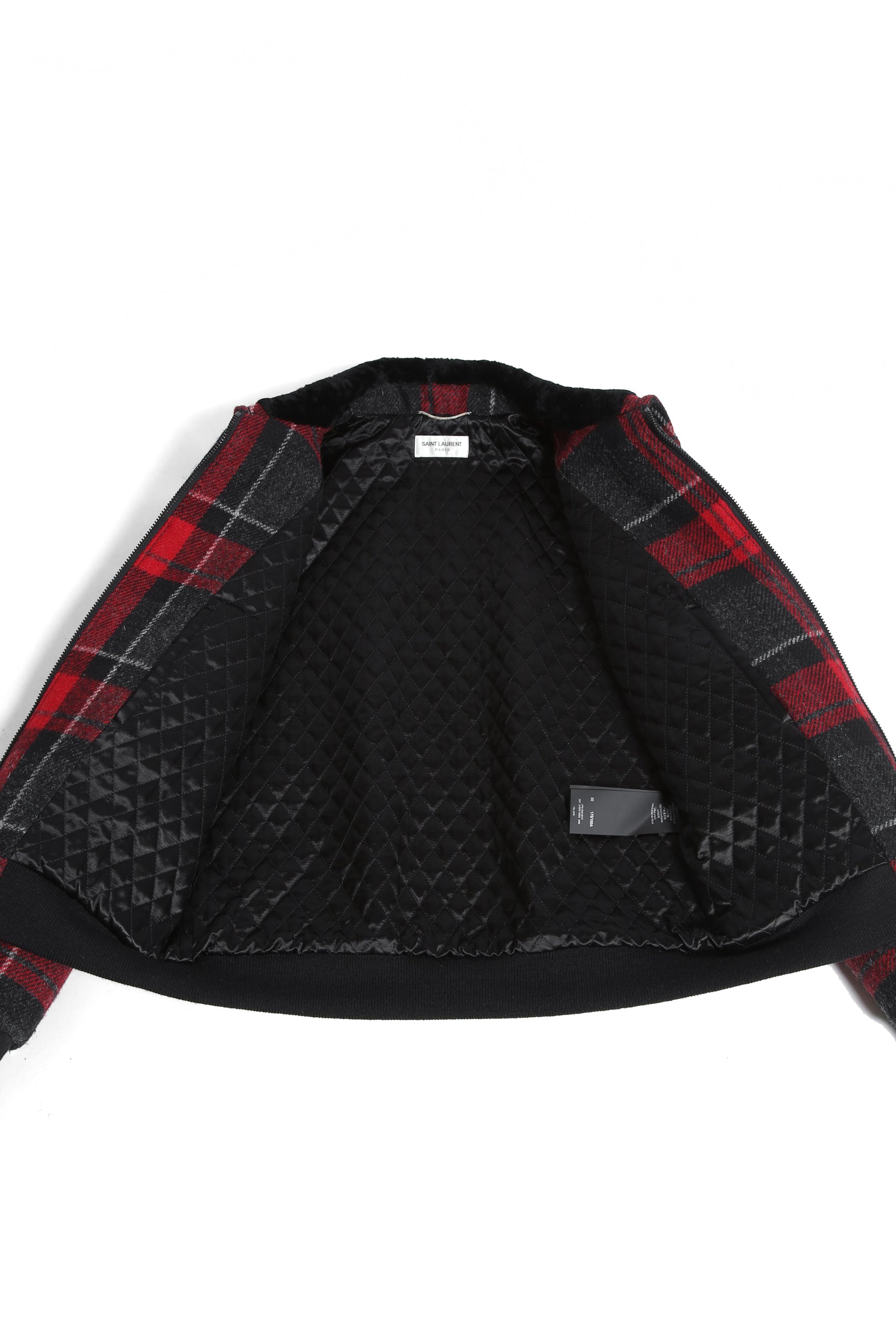 美品 サンローラン Saint Laurent / 20AW 襟ムートン / ウール タータンチェック / ショート キルティング ジャケット / size 50 (RED)