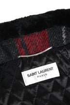 美品 サンローラン Saint Laurent / 20AW 襟ムートン / ウール タータンチェック / ショート キルティング ジャケット / size 50 (RED)