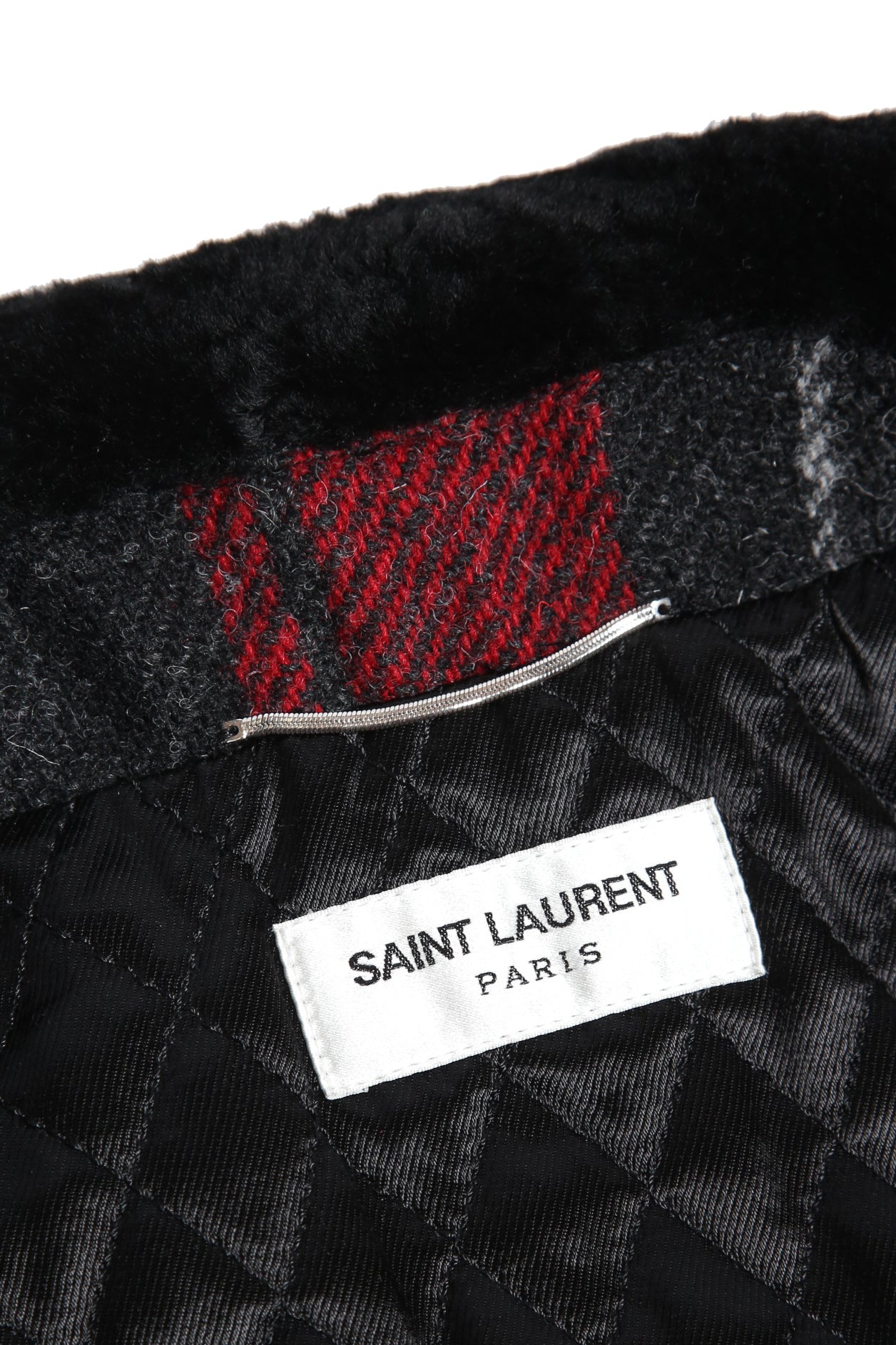 美品 サンローラン Saint Laurent / 20AW 襟ムートン / ウール タータンチェック / ショート キルティング ジャケット / size 50 (RED)