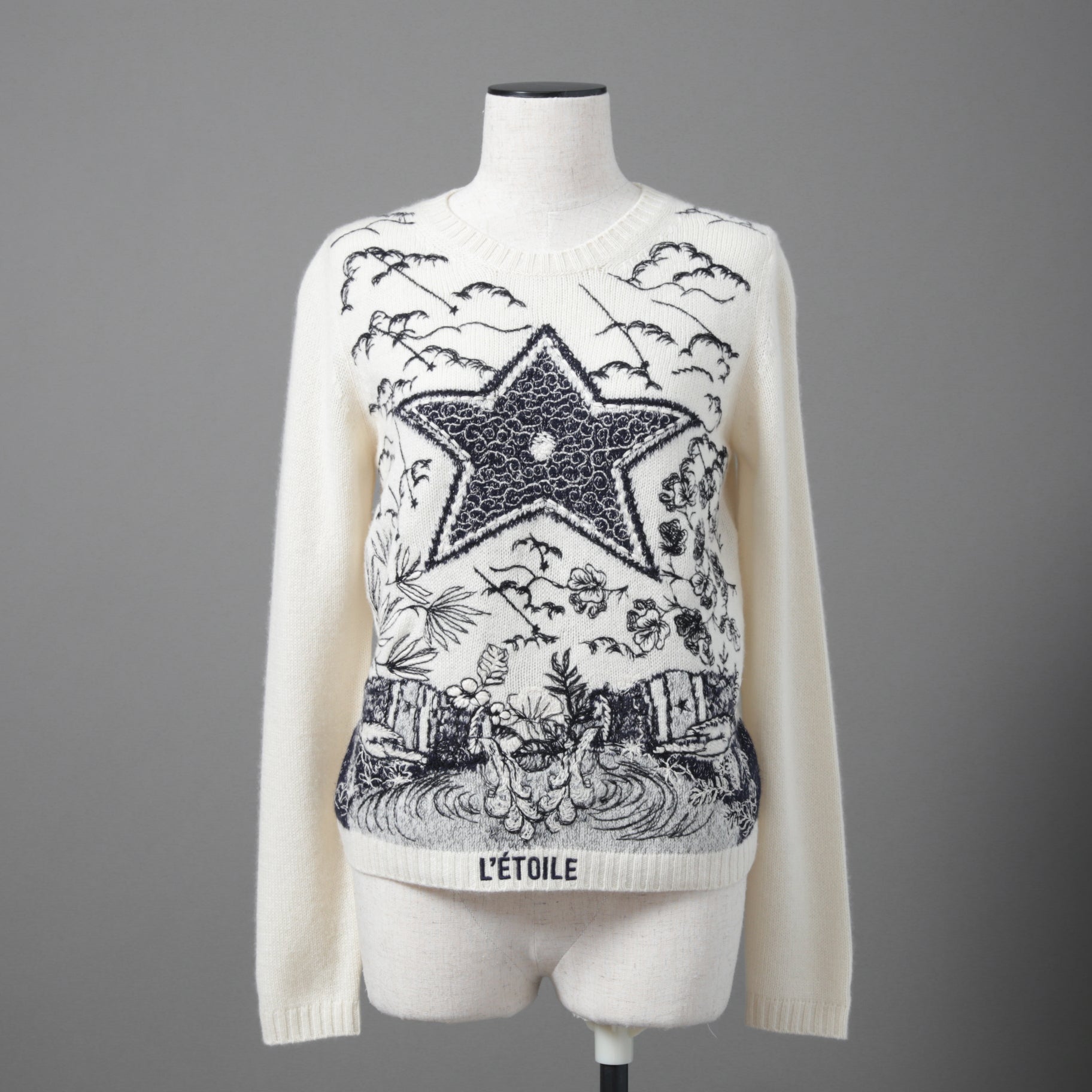 Dior クリスチャン ディオール / 美品 DIOR L'ÉTOILEディオール レトワール エンブロイダリー（刺繍）カシミヤシルク ニットセーター / 014S52WJ029 / size 38 / アイボリー