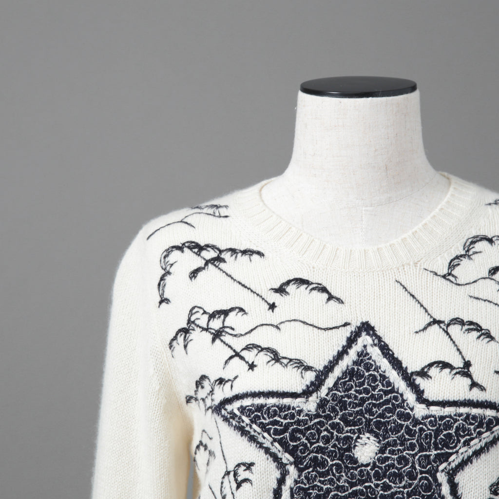 Dior クリスチャン ディオール / 美品 DIOR L'ÉTOILEディオール レトワール エンブロイダリー（刺繍）カシミヤシルク ニットセーター / 014S52WJ029 / size 38 / アイボリー