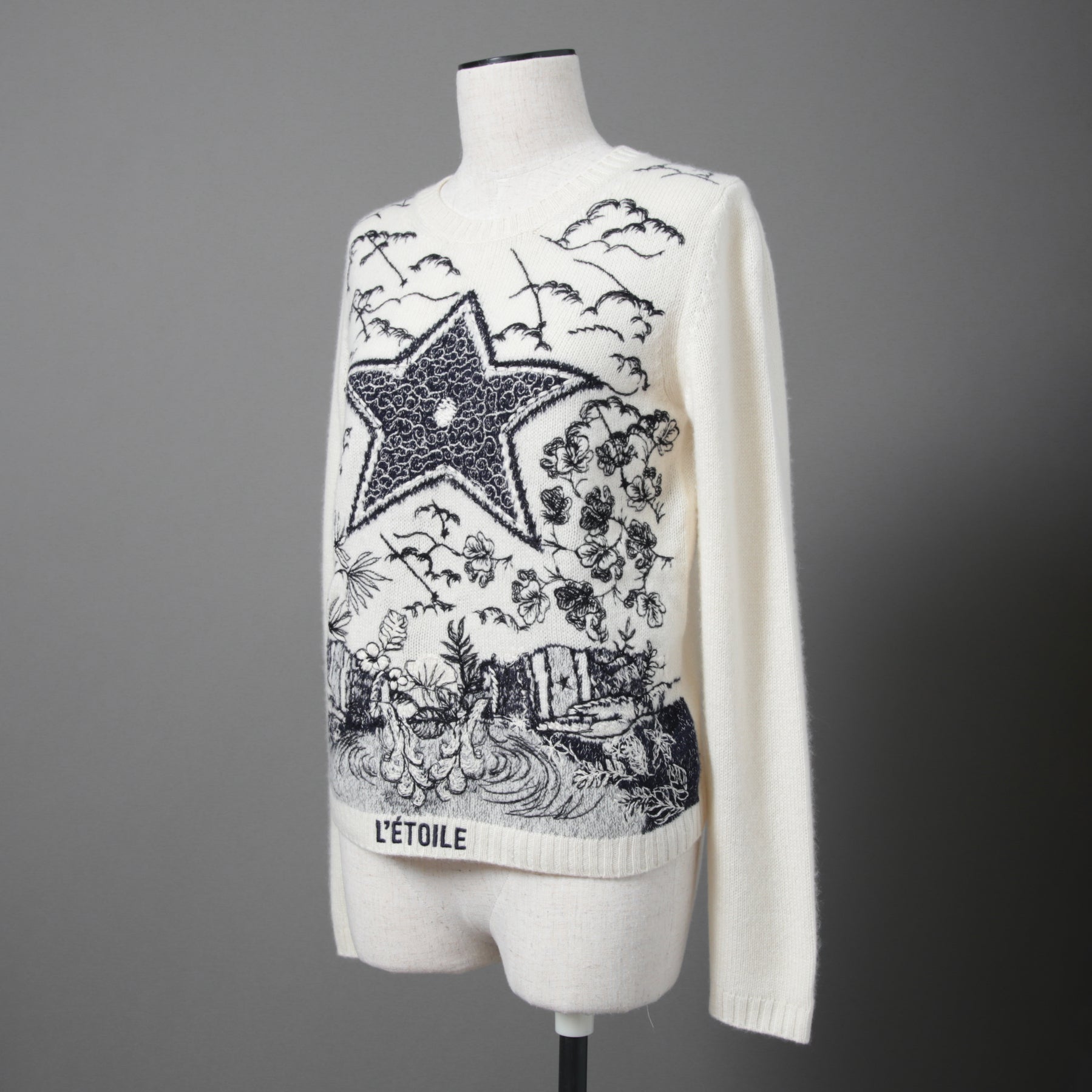 Dior クリスチャン ディオール / 美品 DIOR L'ÉTOILEディオール レトワール エンブロイダリー（刺繍）カシミヤシルク ニットセーター / 014S52WJ029 / size 38 / アイボリー