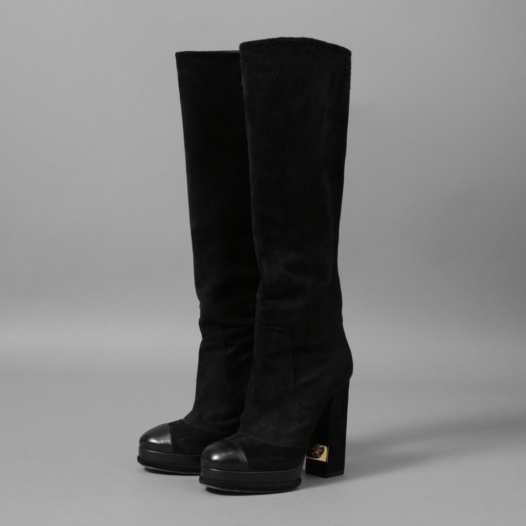 CHANEL シャネル / 美品 CCココマークヒール  ロングブーツ ブラックスエード レザートゥ / シューズ / size 23.5cm (BLACK)
