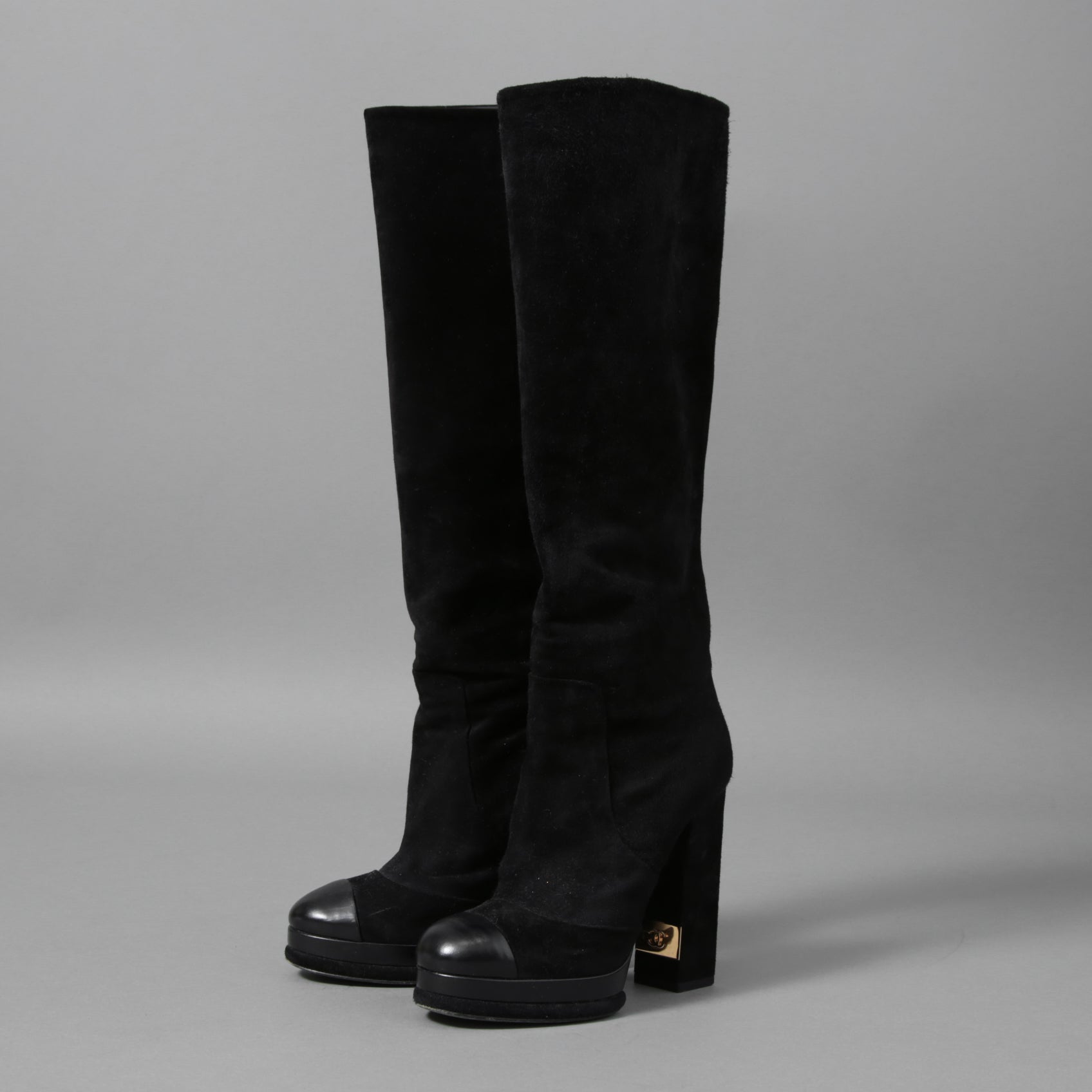 CHANEL シャネル / 美品 CCココマークヒール  ロングブーツ ブラックスエード レザートゥ / シューズ / size 23.5cm (BLACK)