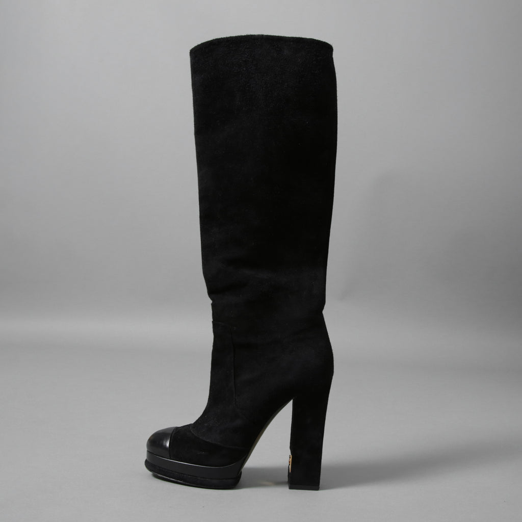 CHANEL シャネル / 美品 CCココマークヒール  ロングブーツ ブラックスエード レザートゥ / シューズ / size 23.5cm (BLACK)