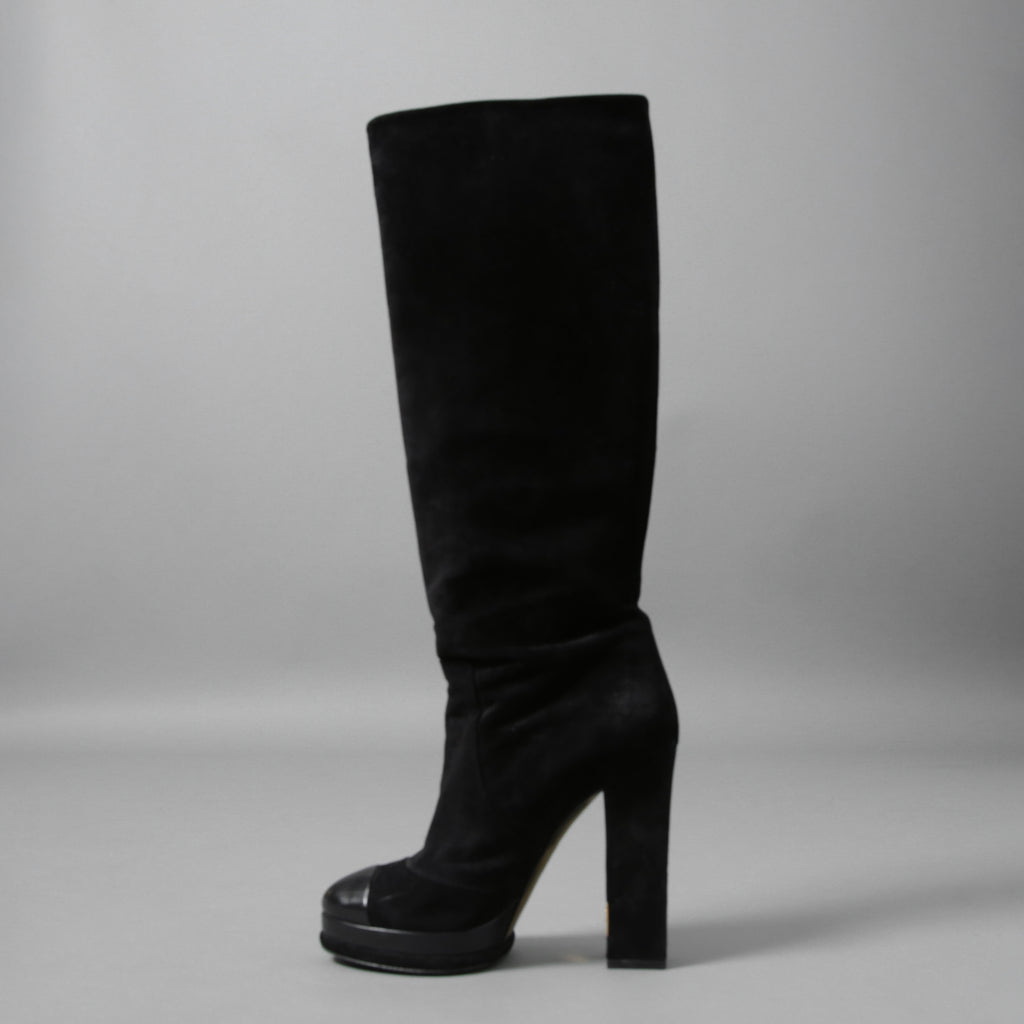 CHANEL シャネル / 美品 CCココマークヒール  ロングブーツ ブラックスエード レザートゥ / シューズ / size 23.5cm (BLACK)