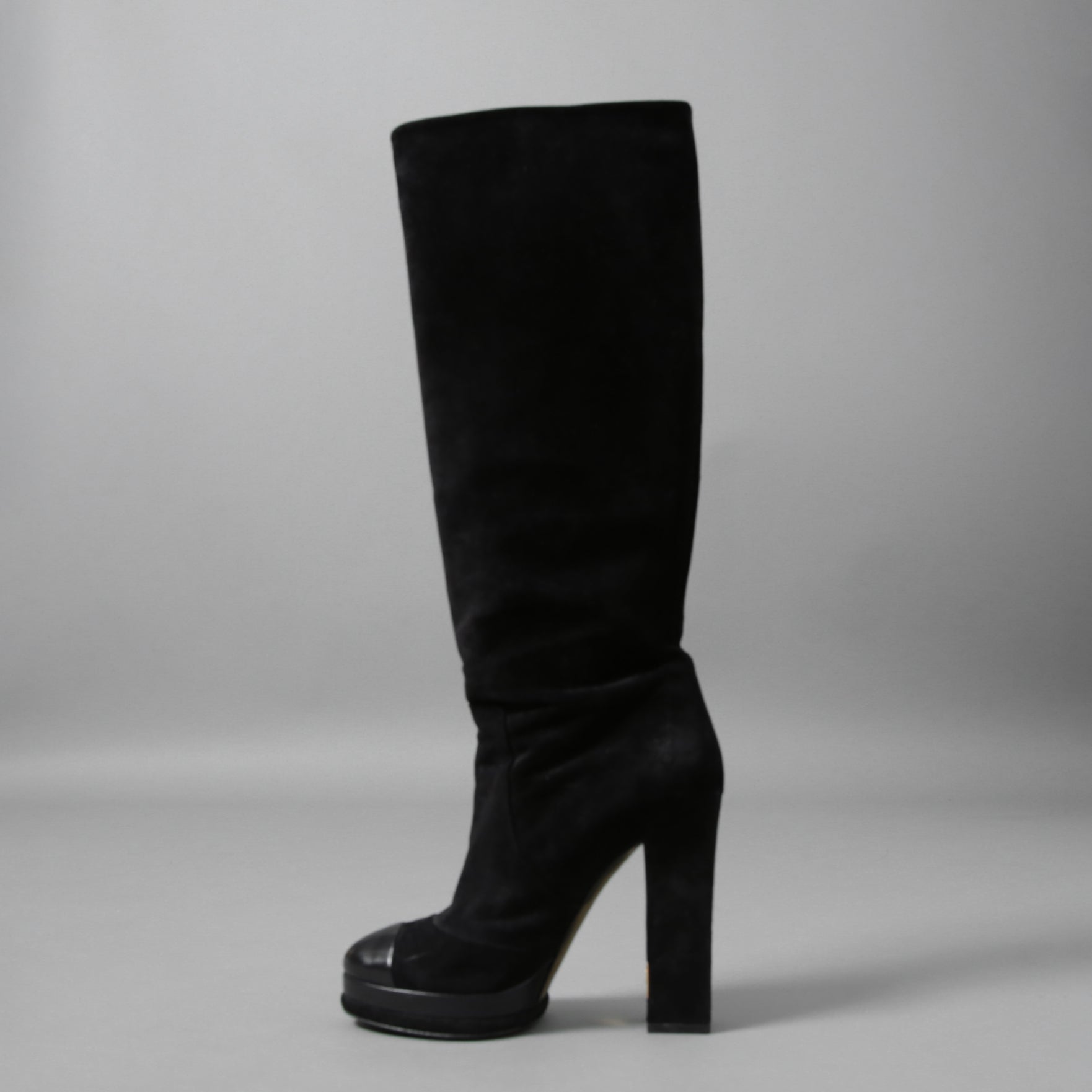 CHANEL シャネル / 美品 CCココマークヒール  ロングブーツ ブラックスエード レザートゥ / シューズ / size 23.5cm (BLACK)